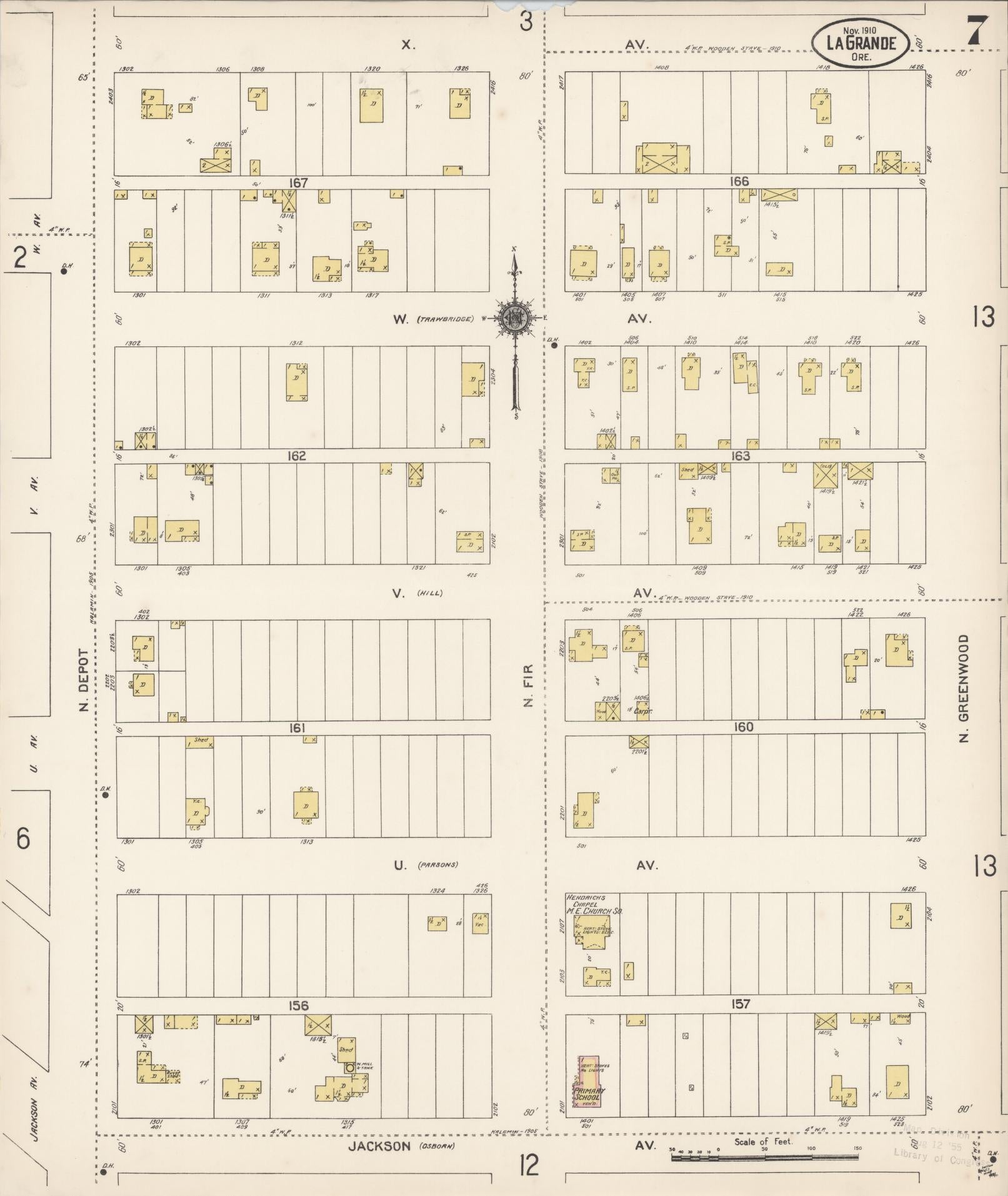 Sanborn Fire Insurance Map from La Grande, Union County, Oregon (1910), Sheet #0007 - Complete Map Set gallery image, historic Sanborn map, vintage wall art, Oregon Oregon