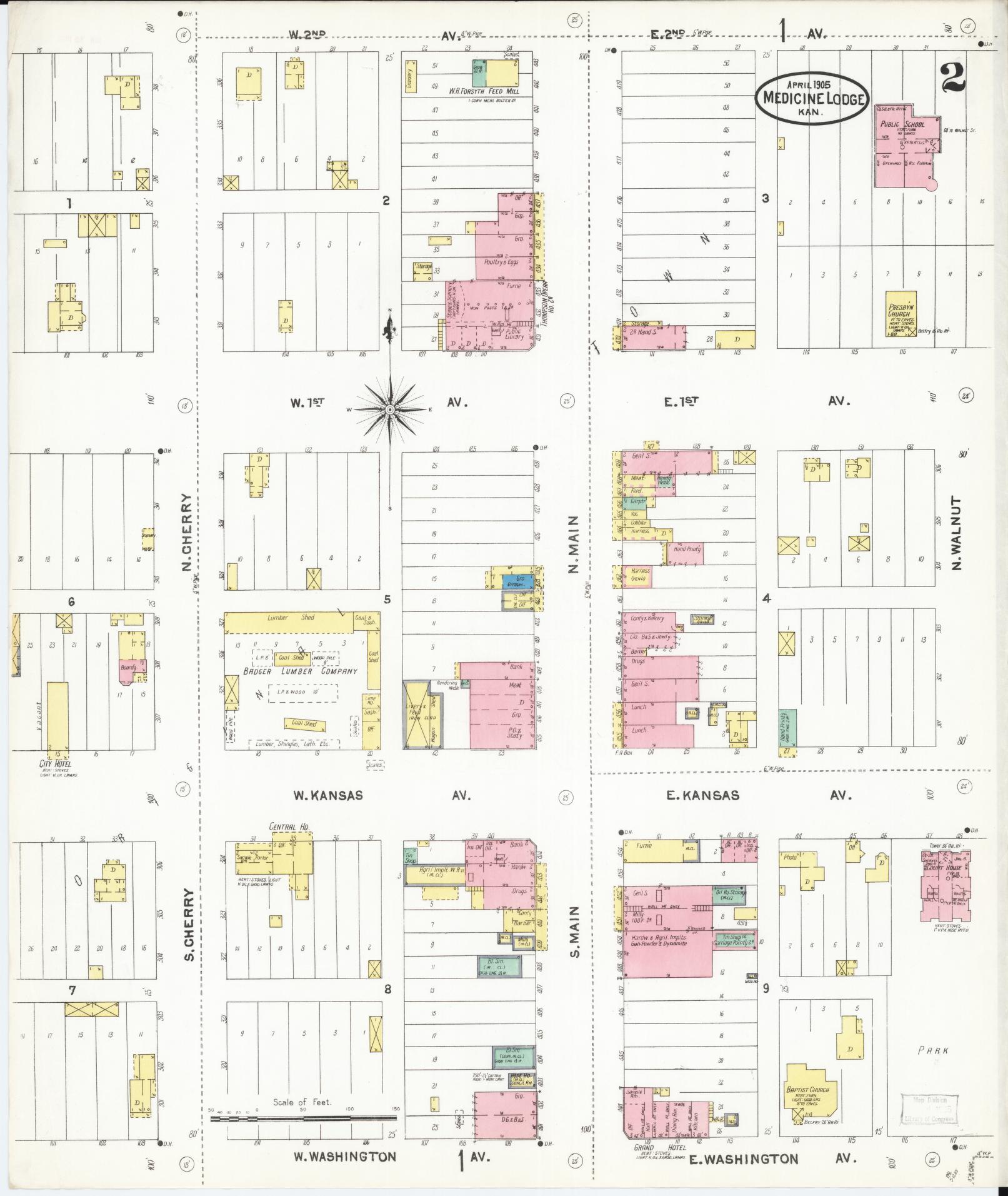 Sanborn Fire Insurance Map from Medicine Lodge, Barber County, Kansas (1905), Sheet #0002 - Historic Sanborn Fire Insurance Map Print, vintage old map wall art, antique decor, genealogy gift, Kansas Kansas map
