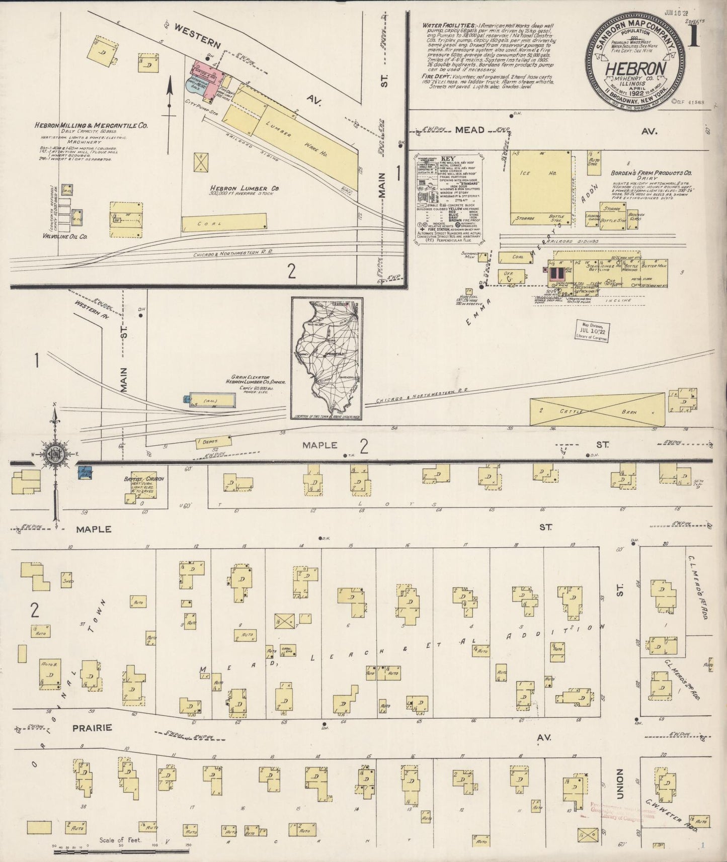 Sanborn Fire Insurance Map from Hebron, McHenry County, Illinois (1922), Sheet #0001 - Historic Sanborn Fire Insurance Map Print, vintage old map wall art, antique decor, genealogy gift, Illinois Illinois map