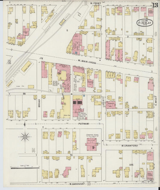 Sanborn Fire Insurance Map from Findlay, Hancock County, Ohio (1895), Sheet #0013 - Historic Sanborn Fire Insurance Map Print, vintage old map wall art, antique decor, genealogy gift, Ohio Ohio map