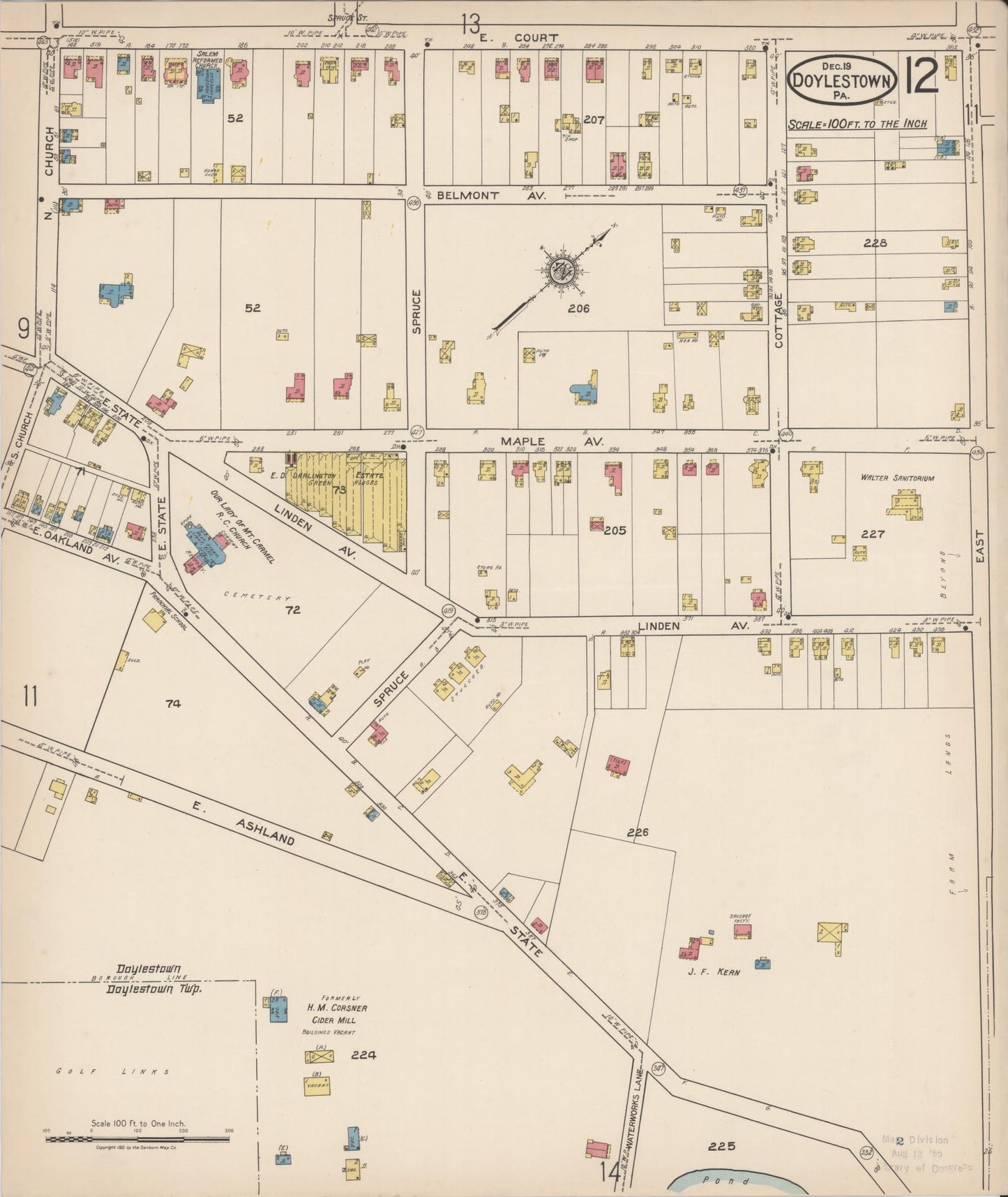 Sanborn Fire Insurance Map from Doylestown, Bucks County, Pennsylvania (1922), Sheet #0012 - Historic Sanborn Fire Insurance Map Print, vintage old map wall art, antique decor, genealogy gift, Pennsylvania Pennsylvania map