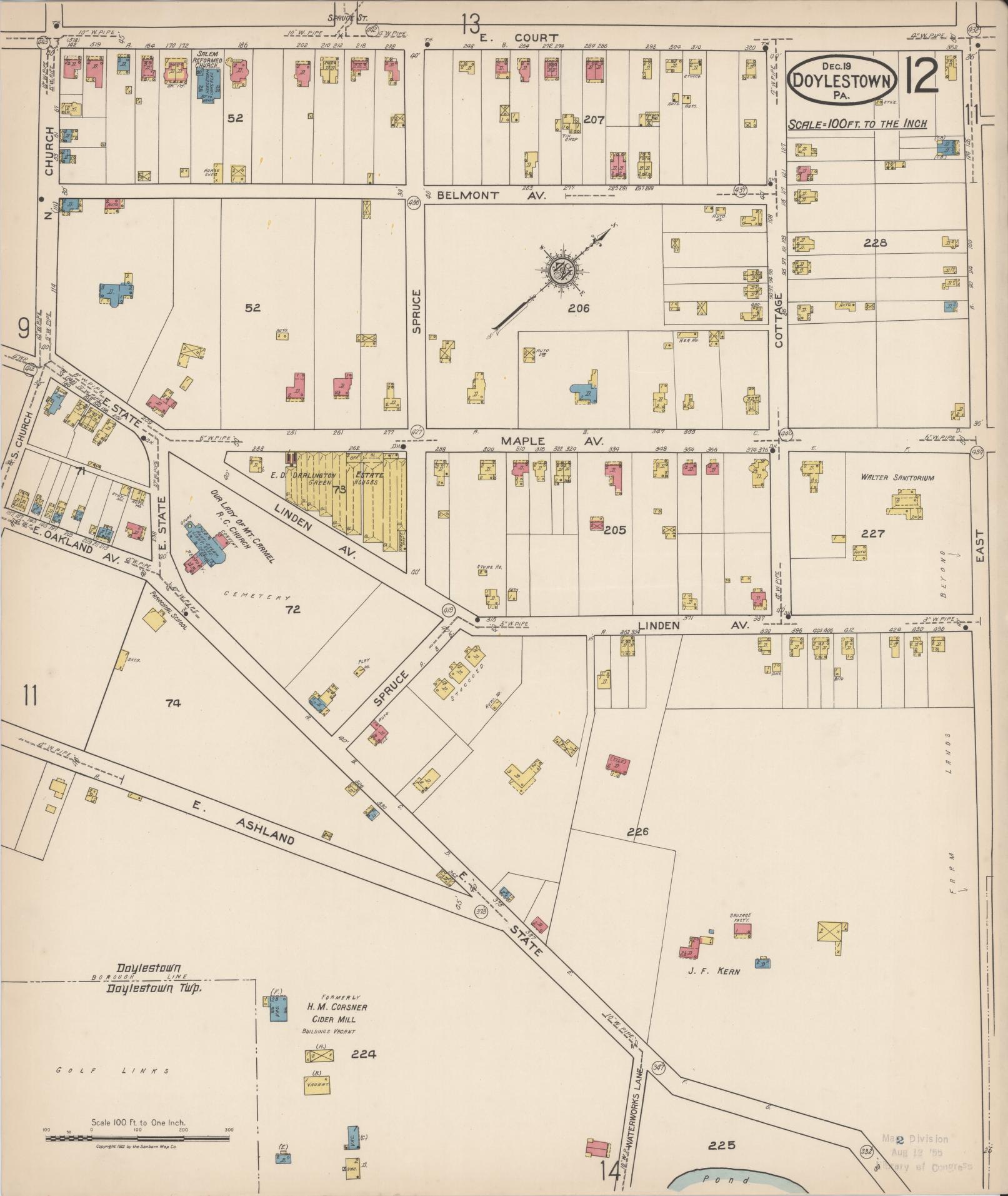 Sanborn Fire Insurance Map from Doylestown, Bucks County, Pennsylvania (1922), Sheet #0012 - Historic Sanborn Fire Insurance Map Print, vintage old map wall art, antique decor, genealogy gift, Pennsylvania Pennsylvania map
