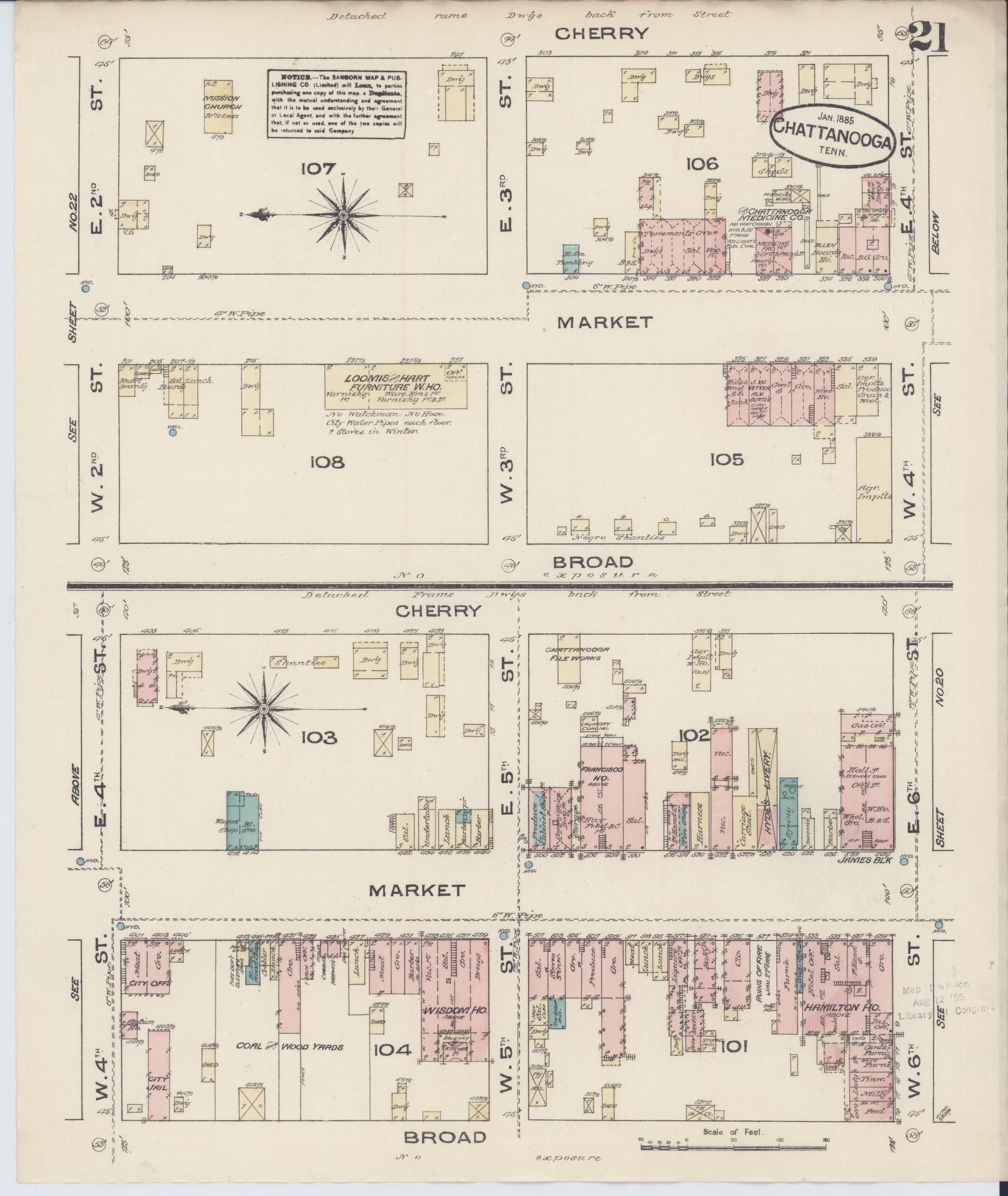 Sanborn Fire Insurance Map from Chattanooga, Hamilton County, Tennessee (1885), Sheet #0021 - Historic Sanborn Fire Insurance Map Print, vintage old map wall art, antique decor, genealogy gift, Tennessee Tennessee map