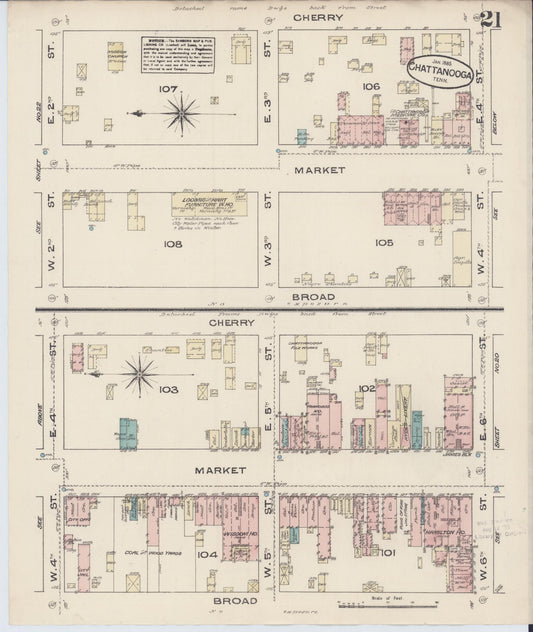 Sanborn Fire Insurance Map from Chattanooga, Hamilton County, Tennessee (1885), Sheet #0021 - Historic Sanborn Fire Insurance Map Print, vintage old map wall art, antique decor, genealogy gift, Tennessee Tennessee map