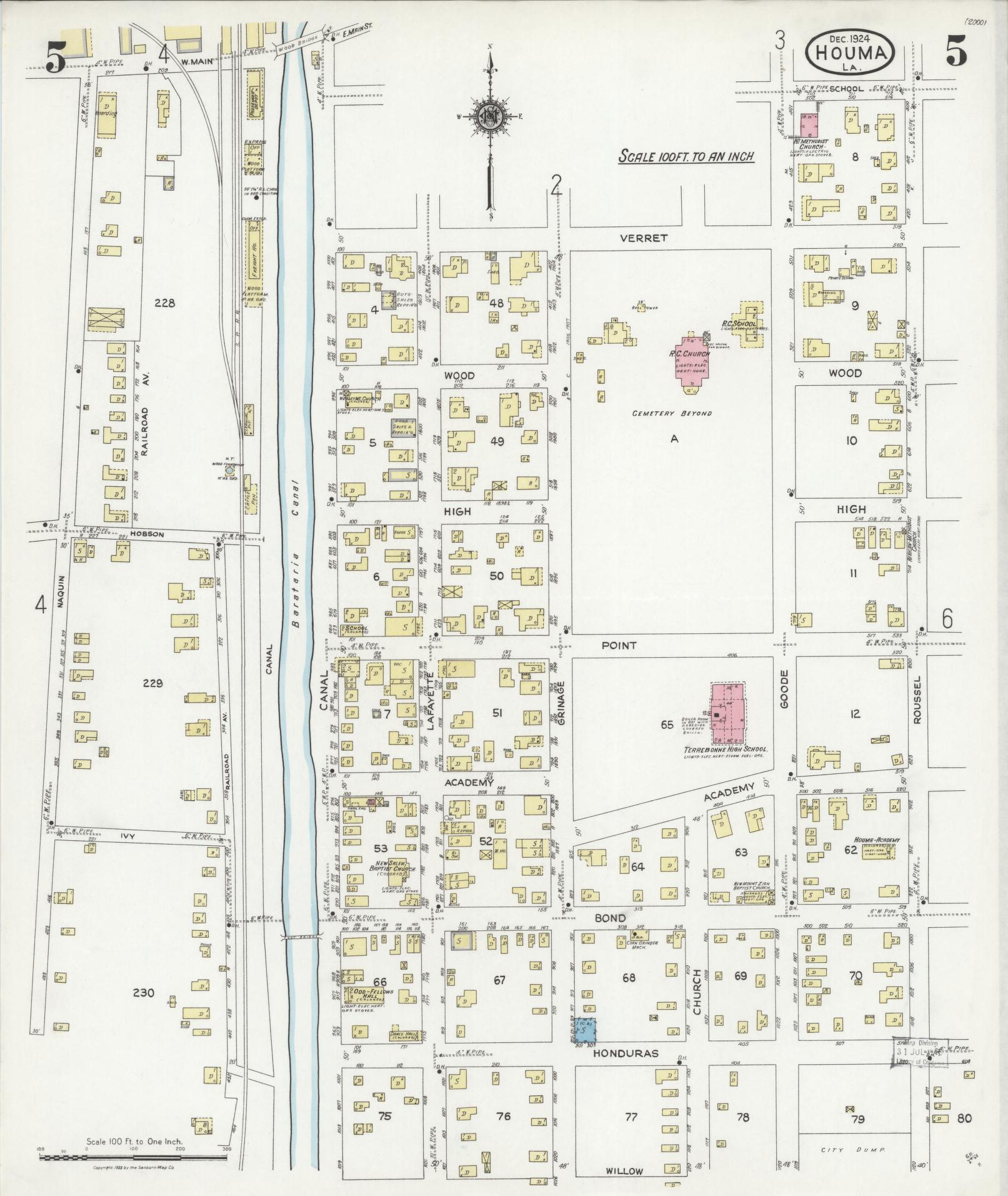 Sanborn Fire Insurance Map from Houma, Terrebonne Parish, Louisiana (1924), Sheet #0005 - Historic Sanborn Fire Insurance Map Print, vintage old map wall art, antique decor, genealogy gift, Louisiana Louisiana map