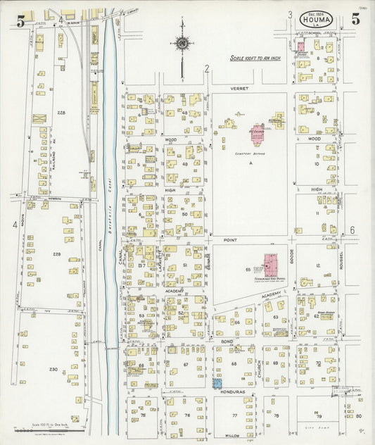 Sanborn Fire Insurance Map from Houma, Terrebonne Parish, Louisiana (1924), Sheet #0005 - Historic Sanborn Fire Insurance Map Print, vintage old map wall art, antique decor, genealogy gift, Louisiana Louisiana map