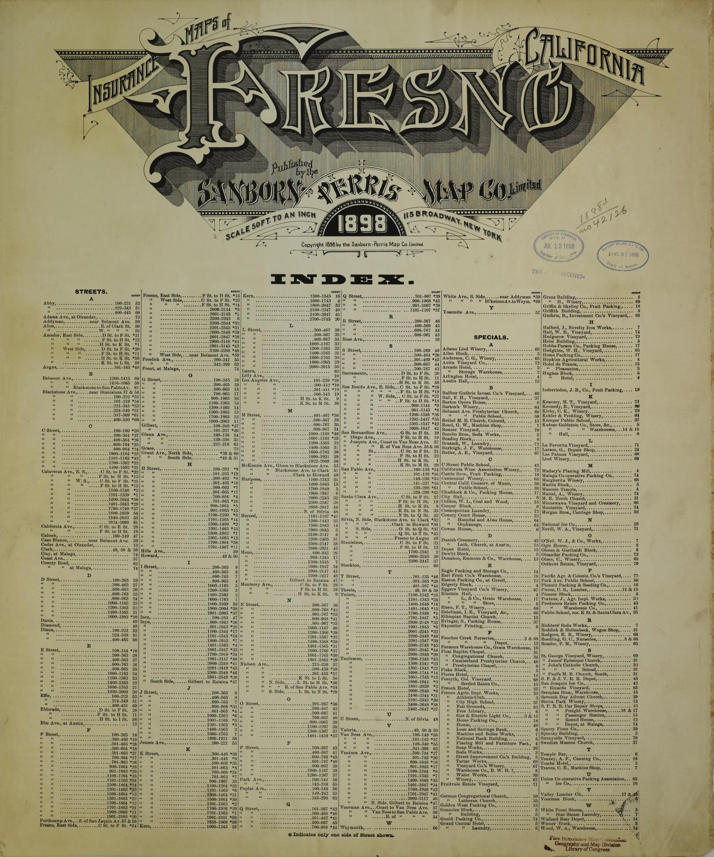 Sanborn Fire Insurance Map from Fresno, Fresno County, California (1898), Sheet #0001 - Historic Sanborn Fire Insurance Map Print, vintage old map wall art, antique decor, genealogy gift, California California map