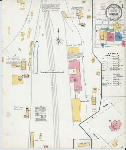 Sanborn Fire Insurance Map from Okolona, Chickasaw County, Mississippi (1905), Sheet #0001 - Complete Map Set gallery image, historic Sanborn map, vintage wall art, Mississippi Mississippi