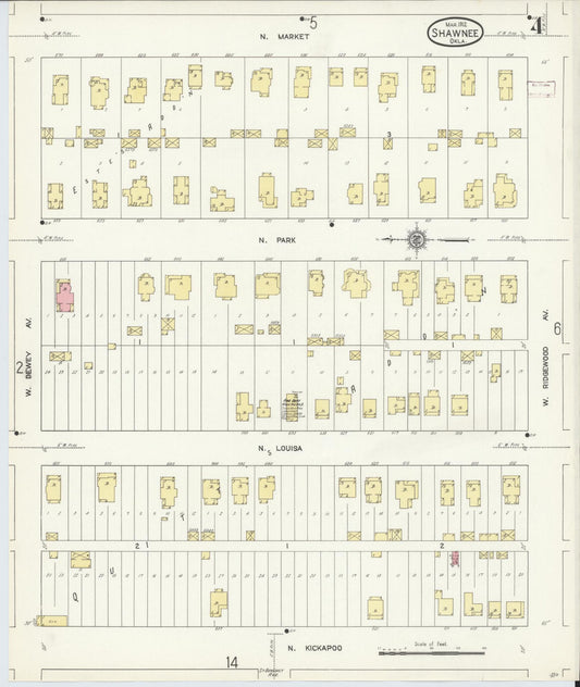 Sanborn Fire Insurance Map from Shawnee, Pottawatomie County, Oklahoma (1912), Sheet #0004 - Historic Sanborn Fire Insurance Map Print, vintage old map wall art, antique decor, genealogy gift, Oklahoma Oklahoma map