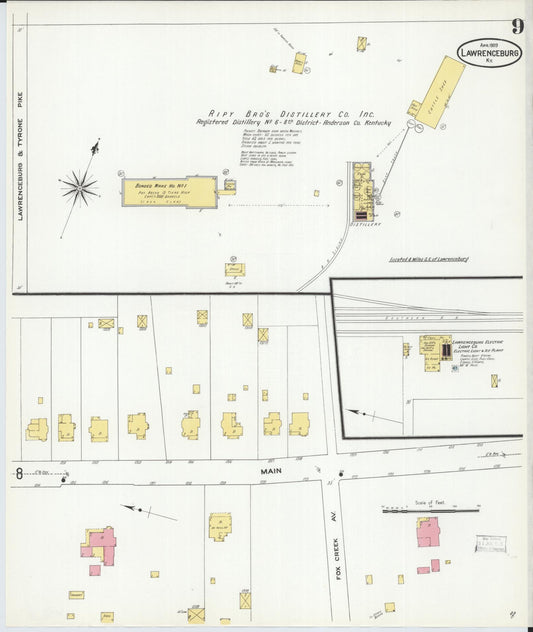Sanborn Fire Insurance Map from Lawrenceburg, Anderson County, Kentucky (1909), Sheet #0009 - Historic Sanborn Fire Insurance Map Print, vintage old map wall art, antique decor, genealogy gift, Kentucky Kentucky map