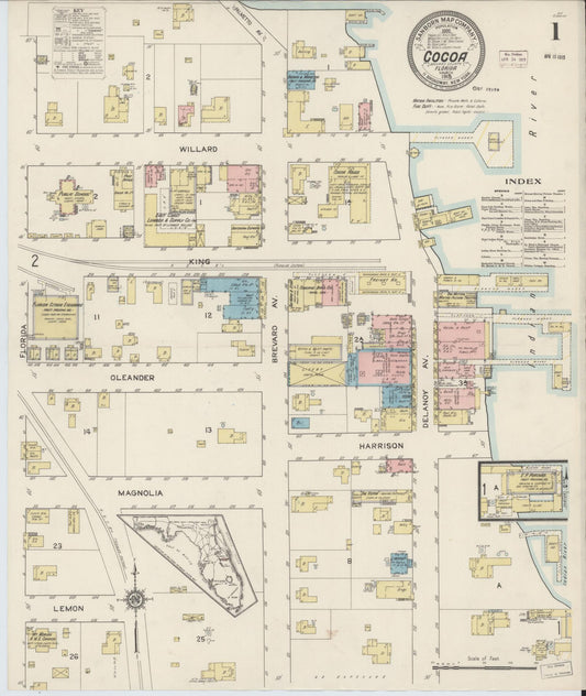 Sanborn Fire Insurance Map from Cocoa, Brevard County, Florida (1915), Sheet #0001 - Historic Sanborn Fire Insurance Map Print, vintage old map wall art, antique decor, genealogy gift, Florida Florida map