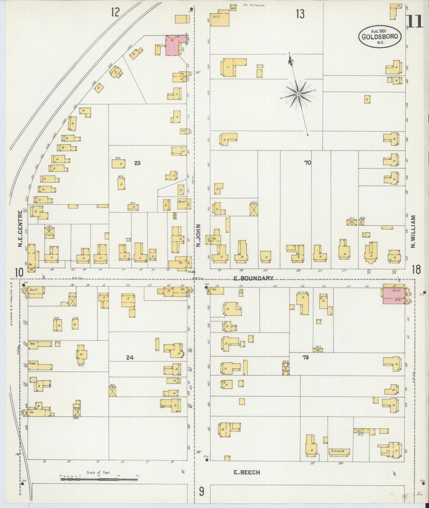 Sanborn Fire Insurance Map from Goldsboro, Wayne County, North Carolina (1901), Sheet #0011 - Historic Sanborn Fire Insurance Map Print, vintage old map wall art, antique decor, genealogy gift, North Carolina North Carolina map