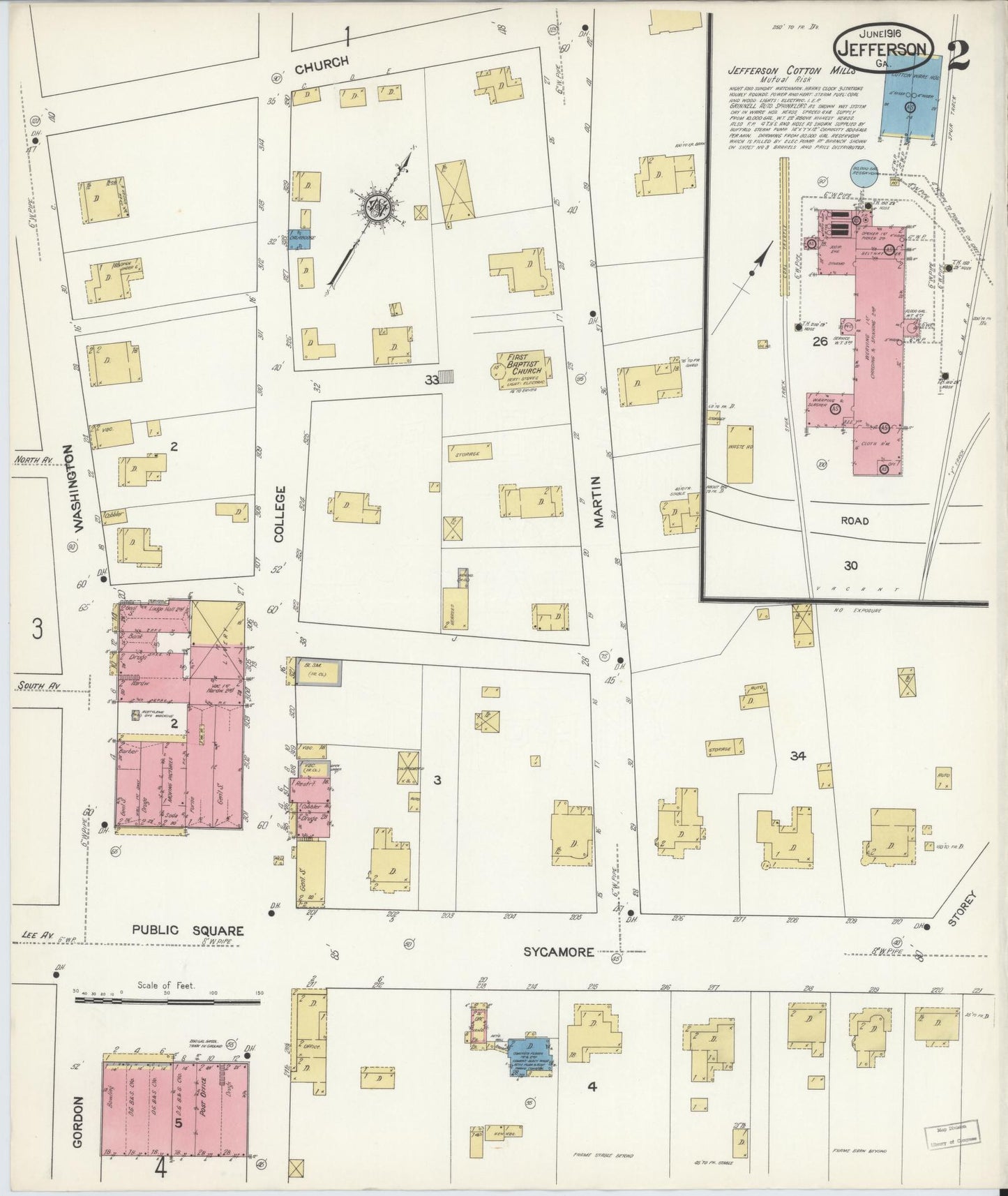 Sanborn Fire Insurance Map from Jefferson, Jackson County, Georgia (1916), Sheet #0002 - Complete Map Set gallery image, historic Sanborn map, vintage wall art, Georgia Georgia
