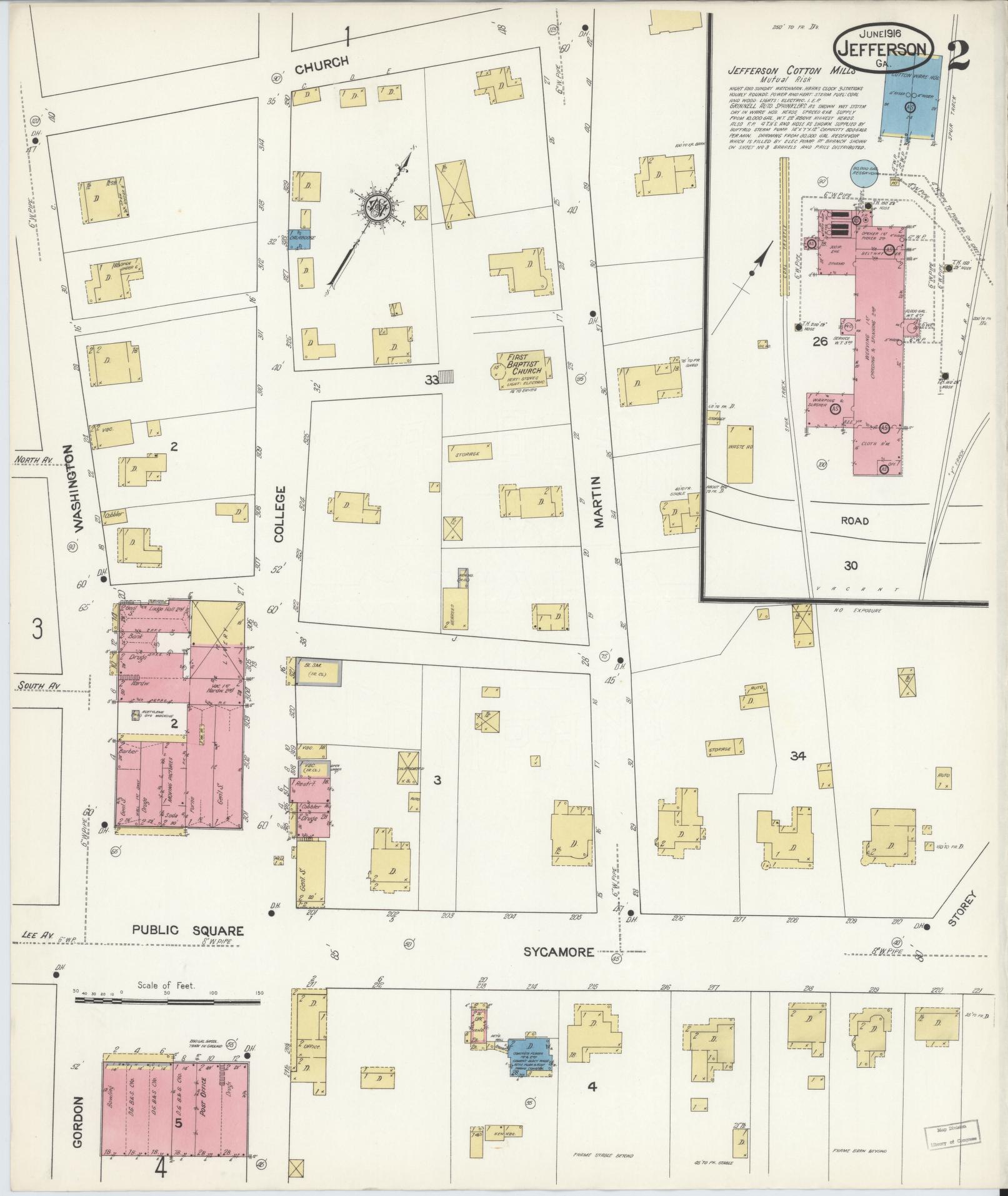 Sanborn Fire Insurance Map from Jefferson, Jackson County, Georgia (1916), Sheet #0002 - Complete Map Set gallery image, historic Sanborn map, vintage wall art, Georgia Georgia