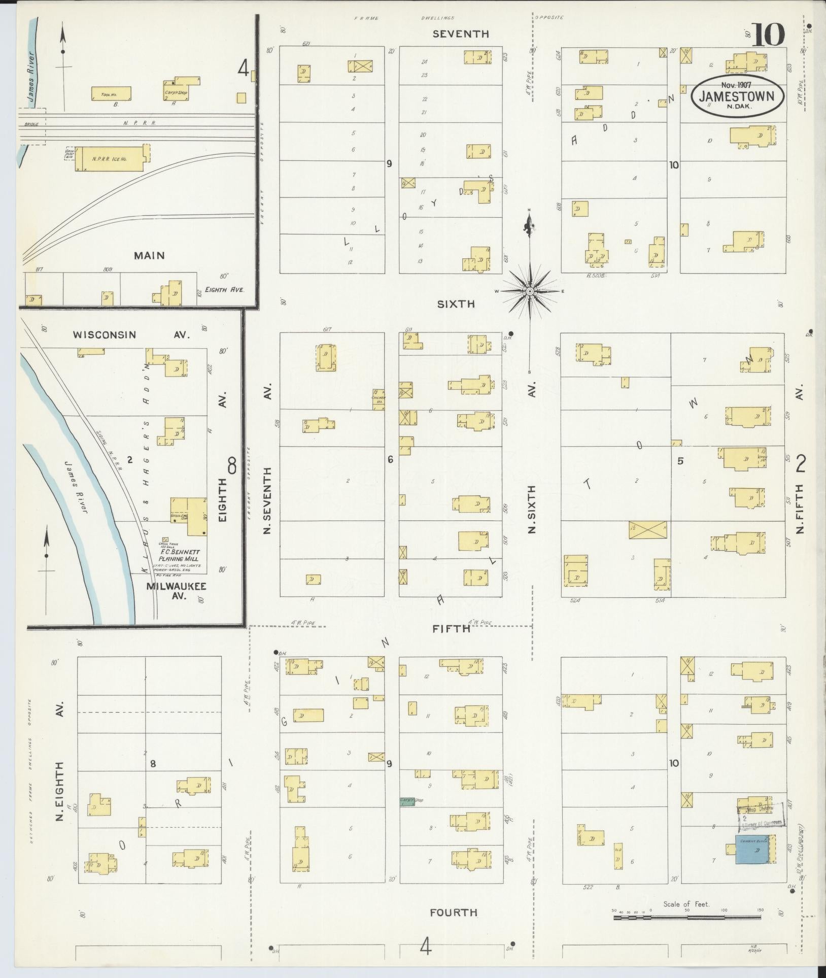 Sanborn Fire Insurance Map from Jamestown, Stutsman County, North Dakota (1907), Sheet #0010 - Historic Sanborn Fire Insurance Map Print, vintage old map wall art, antique decor, genealogy gift, North Dakota North Dakota map