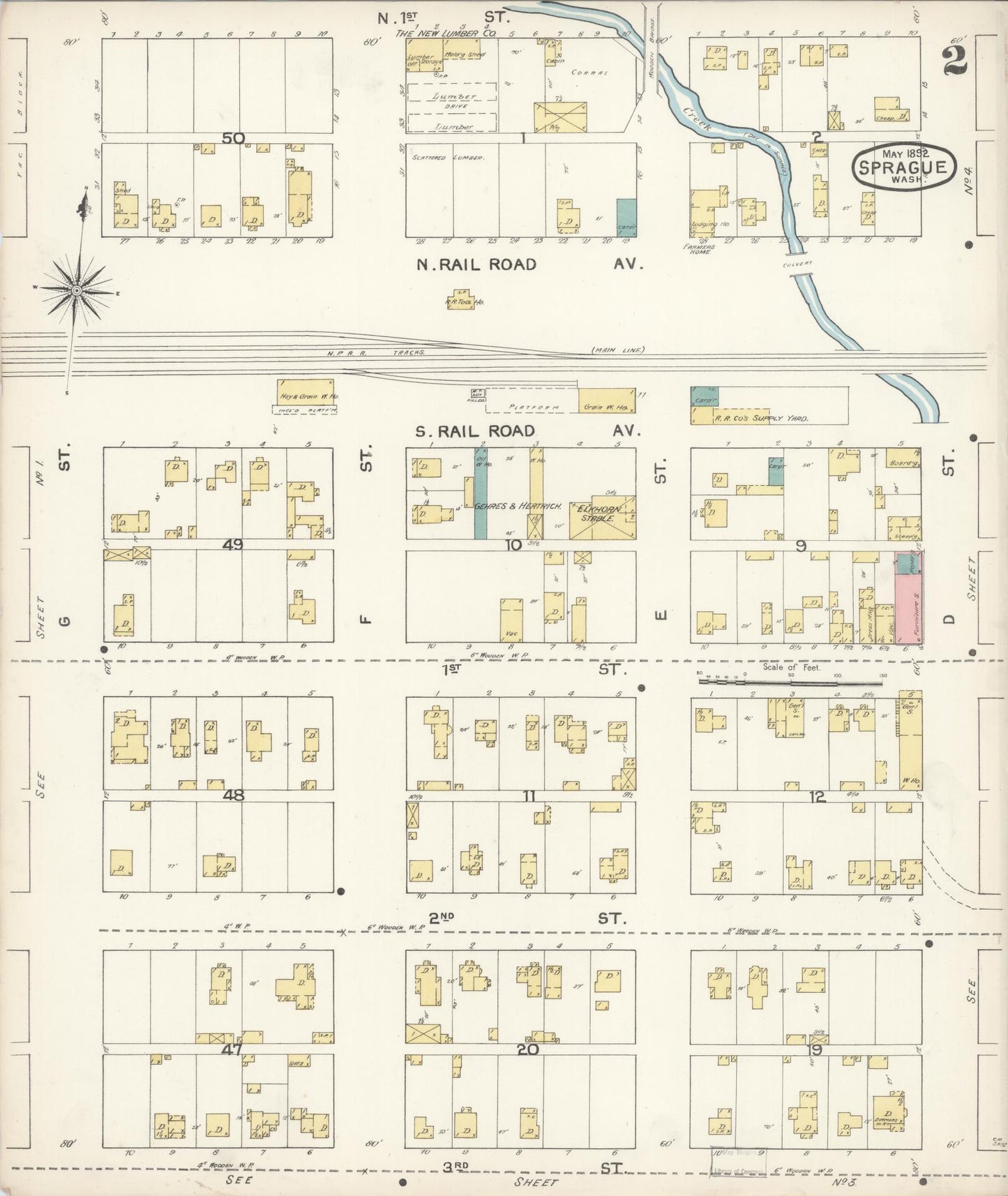Sanborn Fire Insurance Map from Sprague, Lincoln County, Washington (1892), Sheet #0002 - Complete Map Set gallery image, historic Sanborn map, vintage wall art, Washington Washington