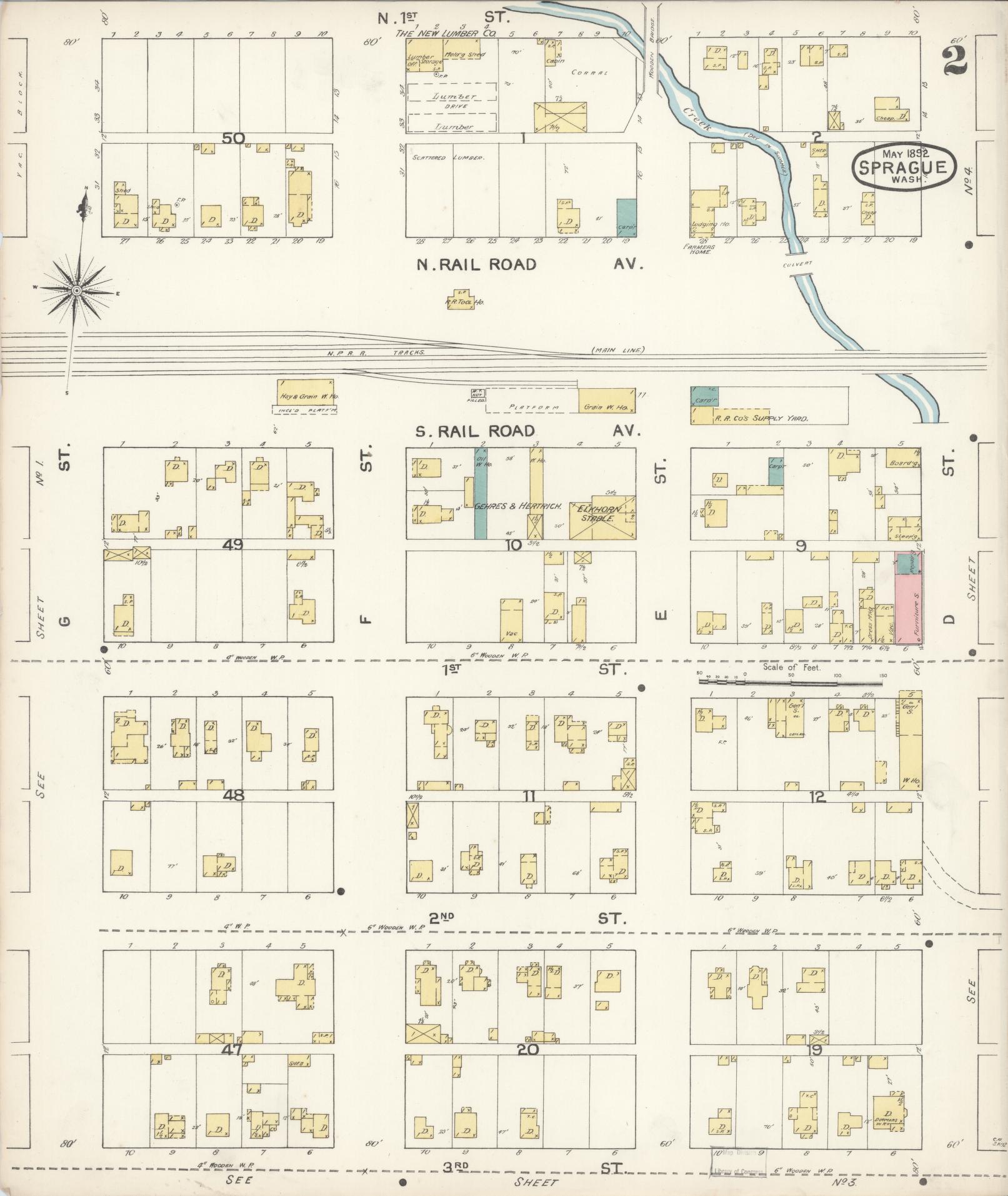 Sanborn Fire Insurance Map from Sprague, Lincoln County, Washington (1892), Sheet #0002 - Complete Map Set gallery image, historic Sanborn map, vintage wall art, Washington Washington