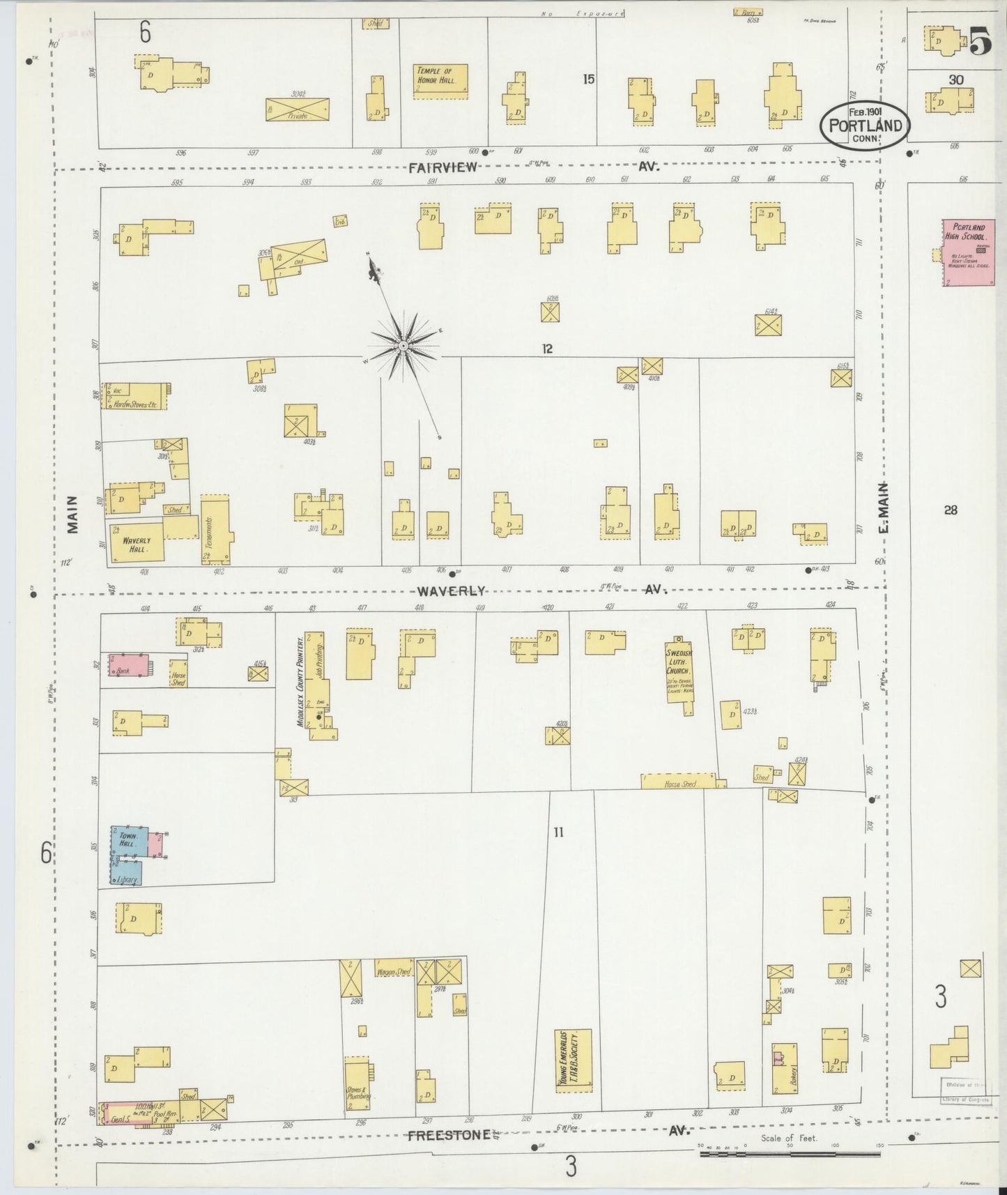 Sanborn Fire Insurance Map from Portland, Middlesex County, Connecticut (1901), Sheet #0005 - Historic Sanborn Fire Insurance Map Print, vintage old map wall art, antique decor, genealogy gift, Connecticut Connecticut map