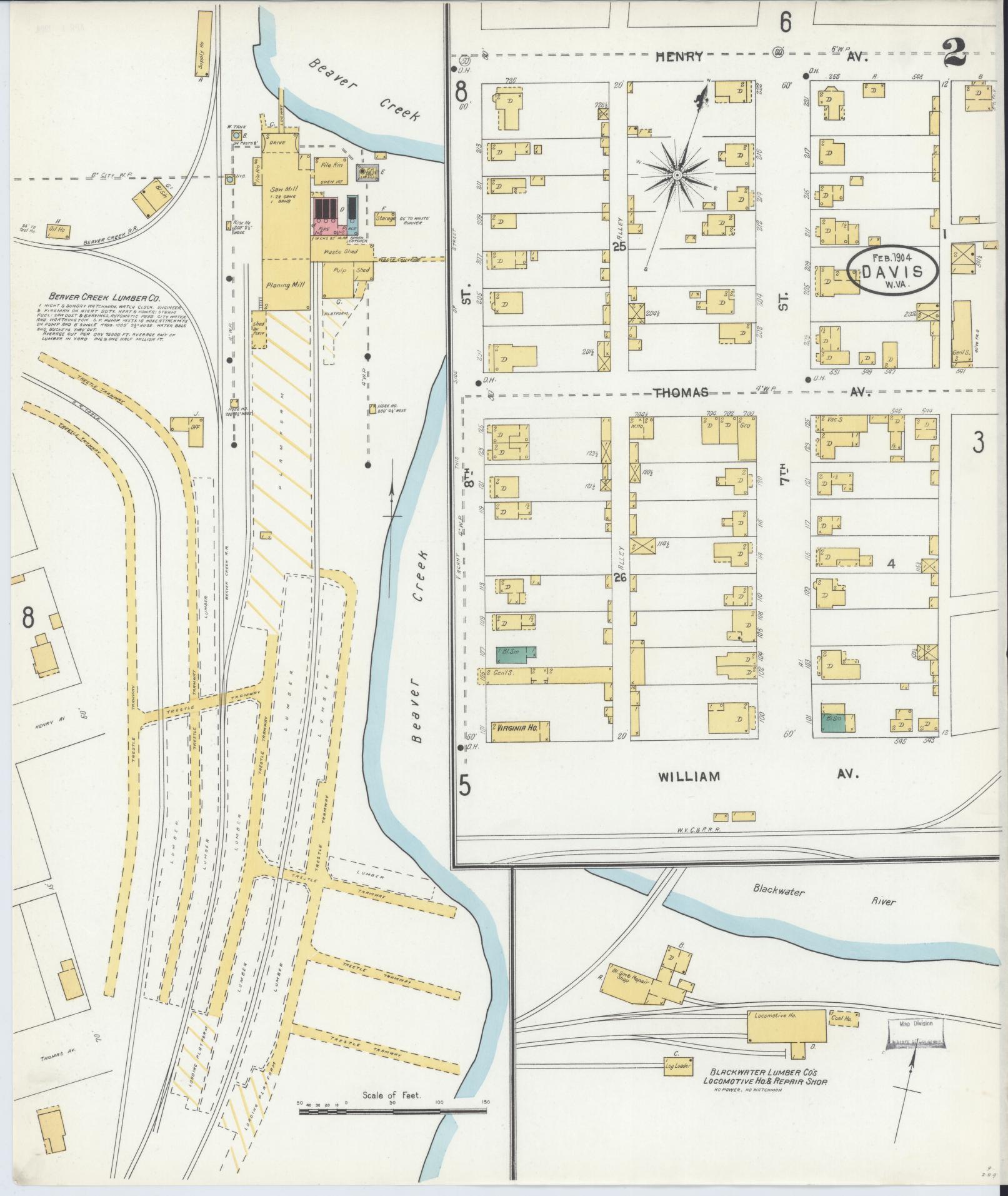 Sanborn Fire Insurance Map from Davis, Tucker County, West Virginia (1904), Sheet #0002 - Complete Map Set gallery image, historic Sanborn map, vintage wall art, West Virginia West Virginia