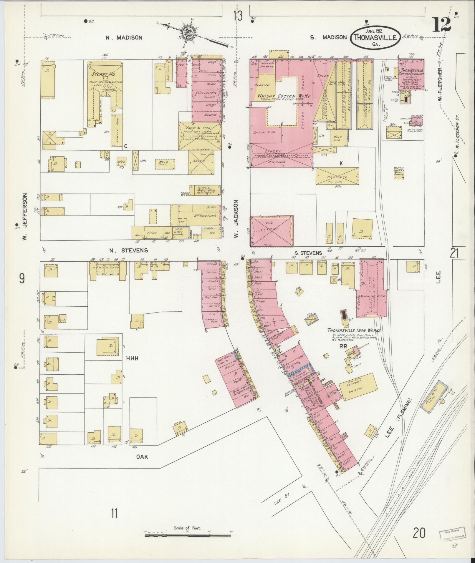 Sanborn Fire Insurance Map from Thomasville, Thomas County, Georgia (1912), Sheet #0012 - Complete Map Set gallery image, historic Sanborn map, vintage wall art, Georgia Georgia