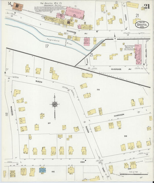 Sanborn Fire Insurance Map from Bristol, Hartford County, Connecticut (1911), Sheet #0021 - Historic Sanborn Fire Insurance Map Print, vintage old map wall art, antique decor, genealogy gift, Connecticut Connecticut map