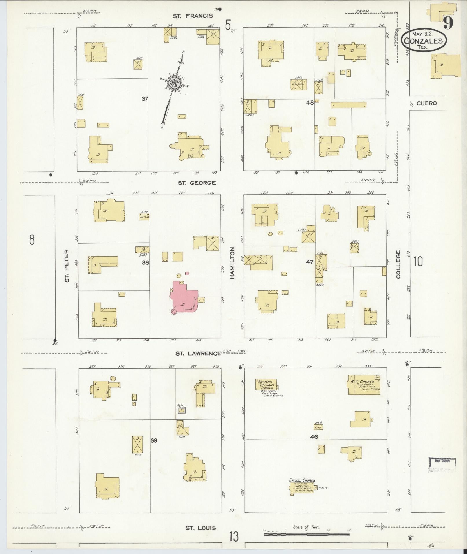 Sanborn Fire Insurance Map from Gonzales, Gonzales County, Texas (1912), Sheet #0009 - Complete Map Set gallery image, historic Sanborn map, vintage wall art, Texas Texas