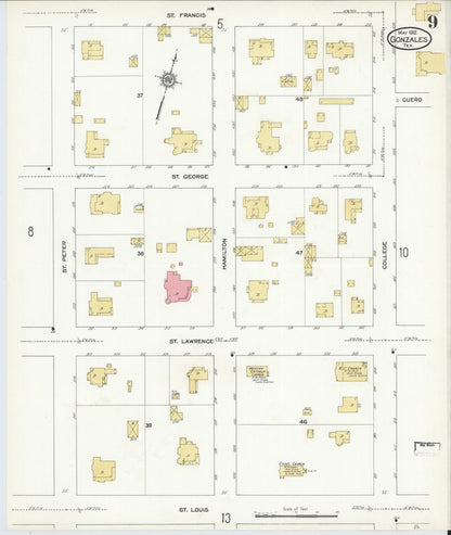 Sanborn Fire Insurance Map from Gonzales, Gonzales County, Texas (1912), Sheet #0009 - Complete Map Set gallery image, historic Sanborn map, vintage wall art, Texas Texas