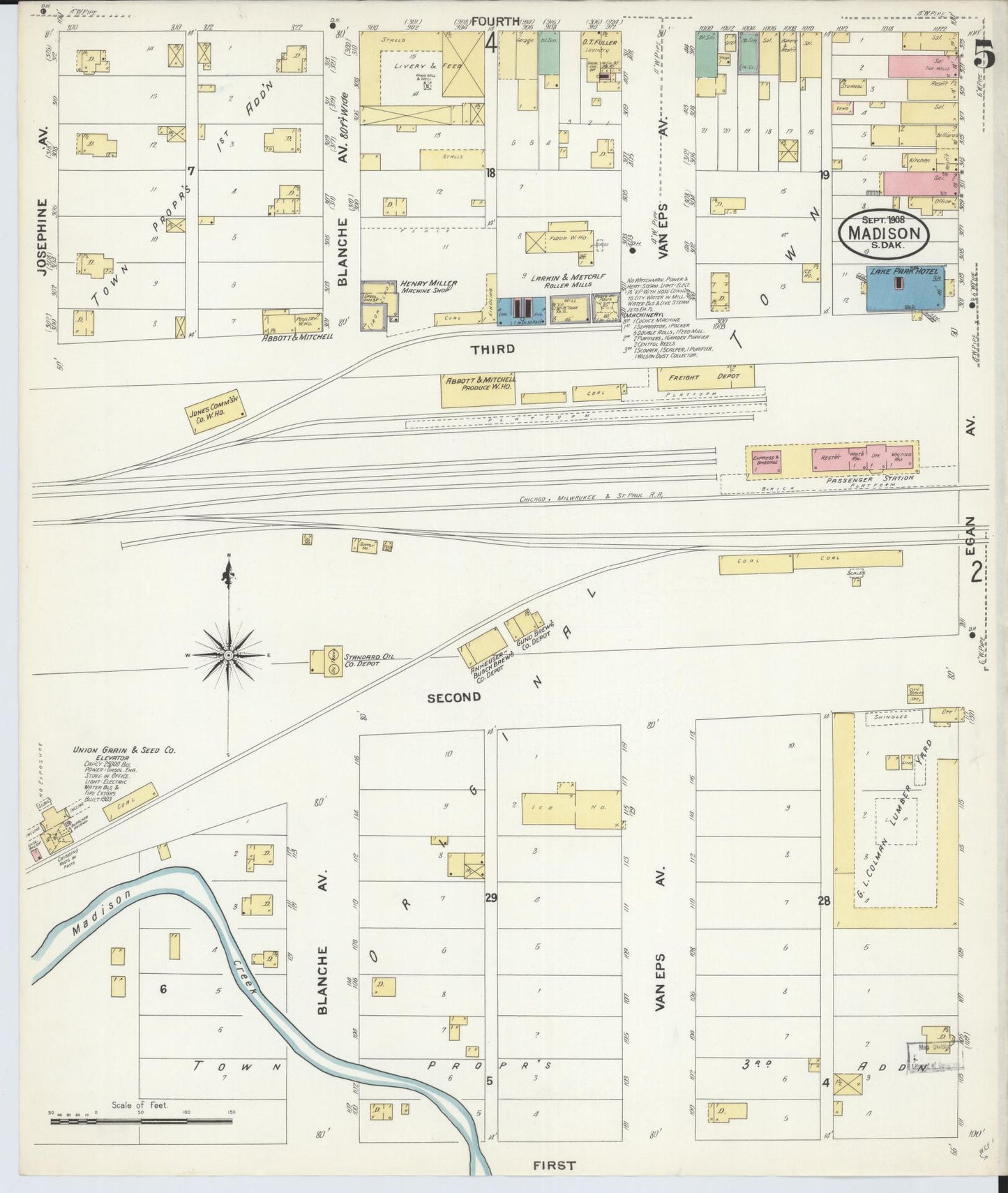 Sanborn Fire Insurance Map from Madison, Lake County, South Dakota (1908), Sheet #0005 - Complete Map Set gallery image, historic Sanborn map, vintage wall art, South Dakota South Dakota