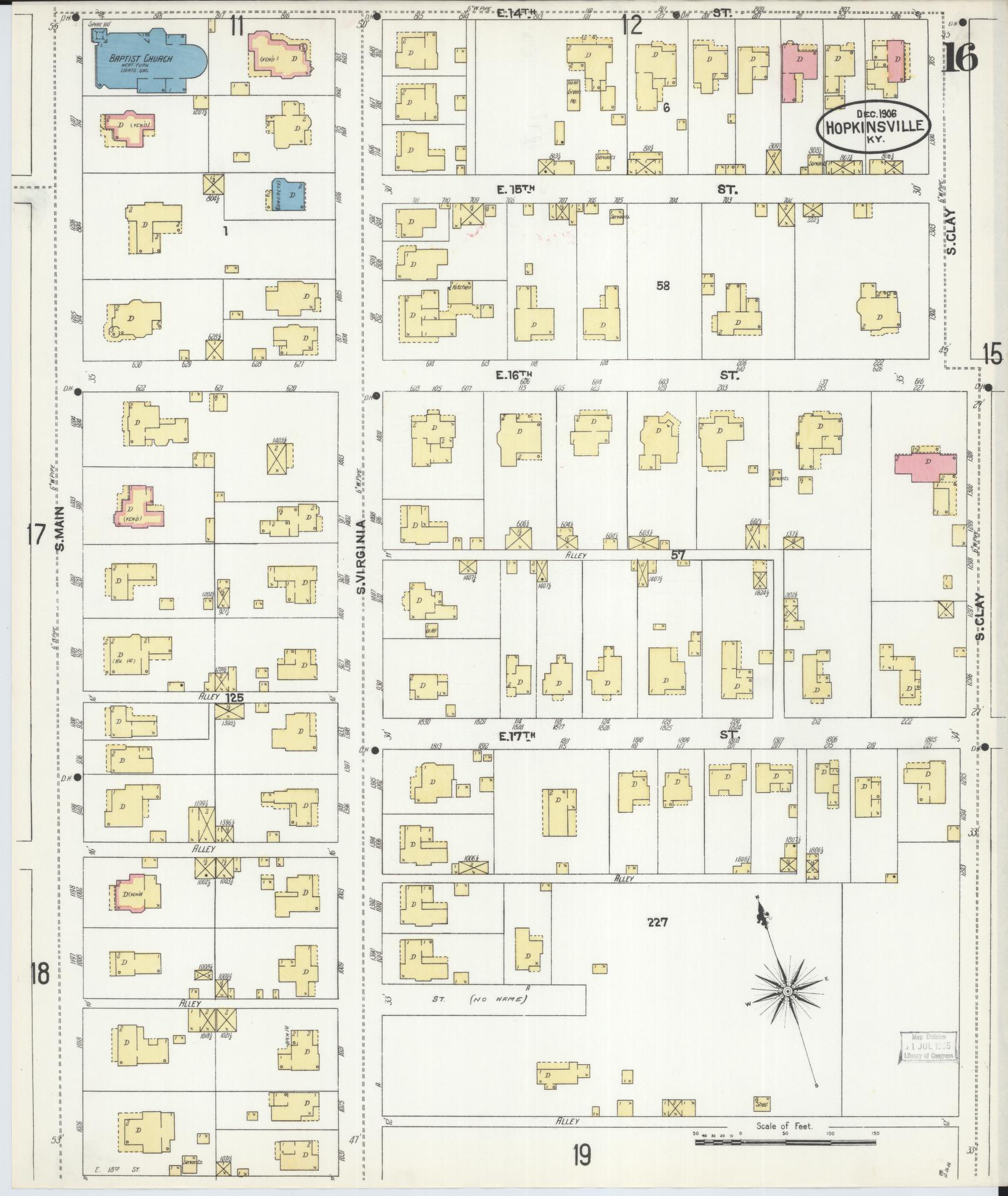 Sanborn Fire Insurance Map from Hopkinsville, Christian County, Kentucky (1906), Sheet #0016 - Historic Sanborn Fire Insurance Map Print, vintage old map wall art, antique decor, genealogy gift, Kentucky Kentucky map