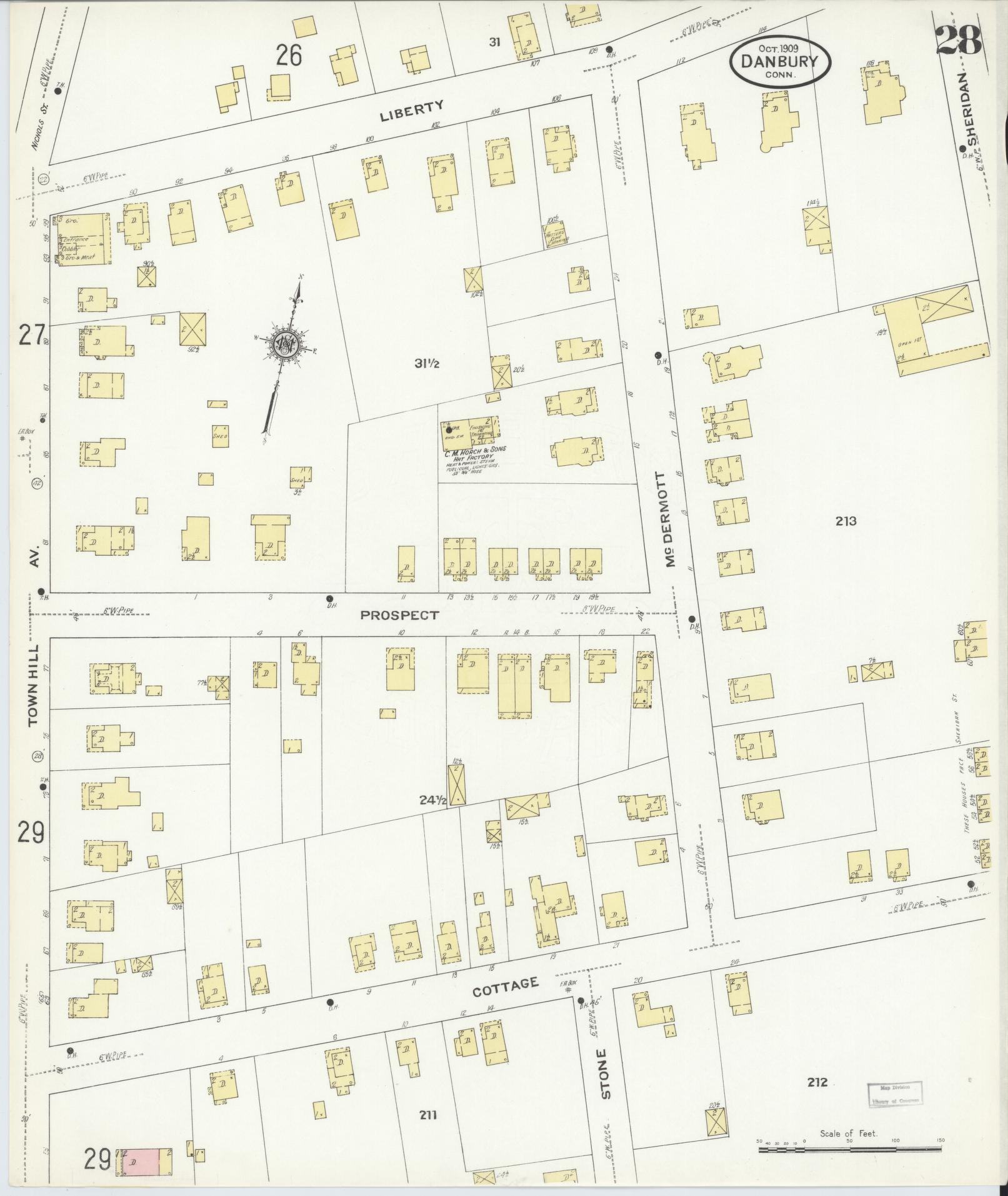 Sanborn Fire Insurance Map from Danbury, Fairfield County, Connecticut (1909), Sheet #0028 - Complete Map Set gallery image, historic Sanborn map, vintage wall art, Connecticut Connecticut