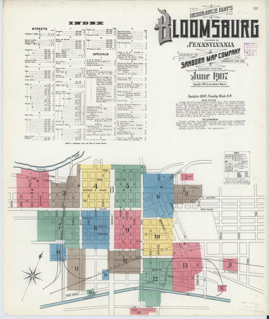 Sanborn Fire Insurance Map from Bloomsburg, Columbia County, Pennsylvania (1907), Sheet #0001 - Historic Sanborn Fire Insurance Map Print, vintage old map wall art, antique decor, genealogy gift, Pennsylvania Pennsylvania map