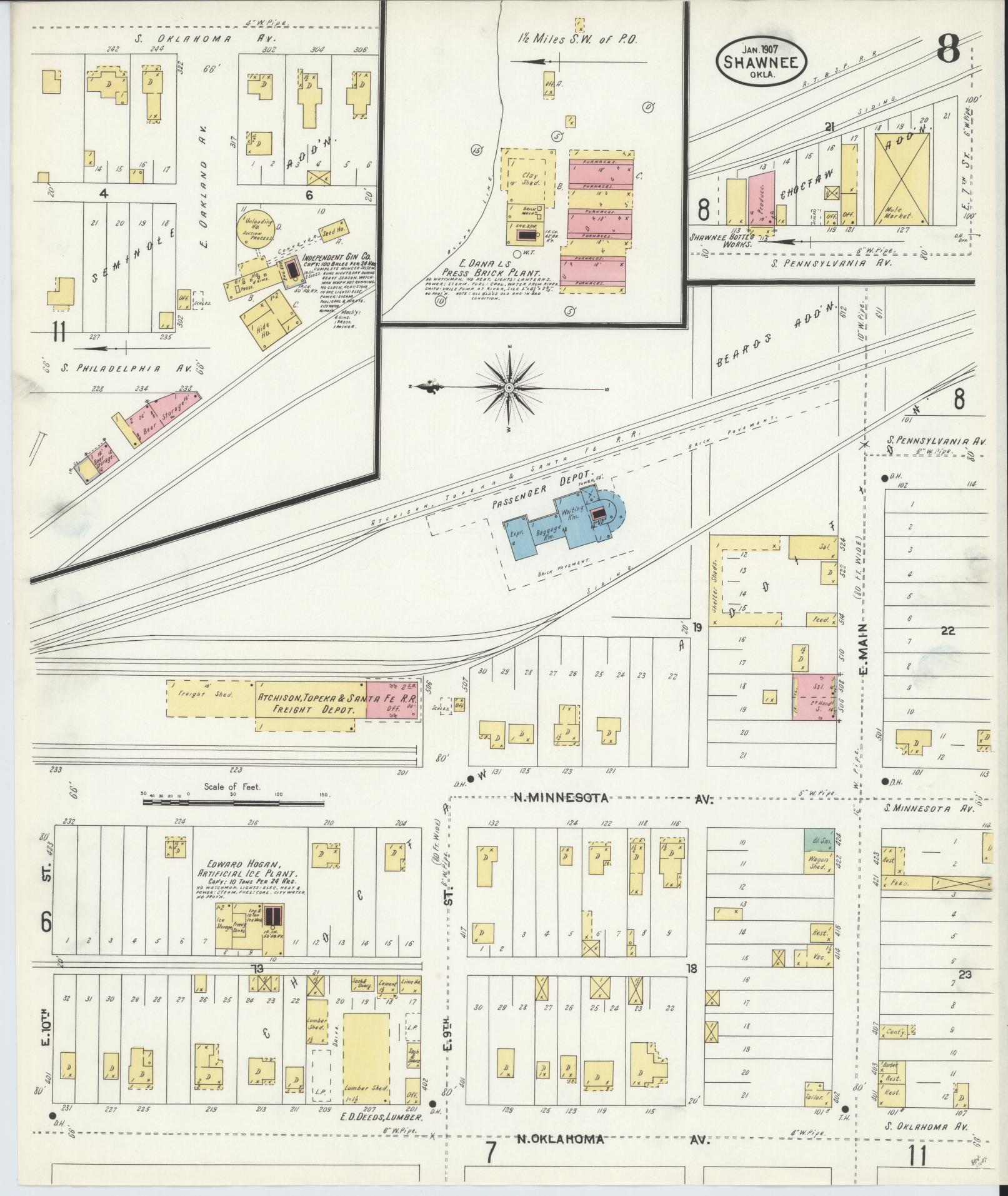 Sanborn Fire Insurance Map from Shawnee, Pottawatomie County, Oklahoma (1907), Sheet #0008 - Complete Map Set gallery image, historic Sanborn map, vintage wall art, Oklahoma Oklahoma