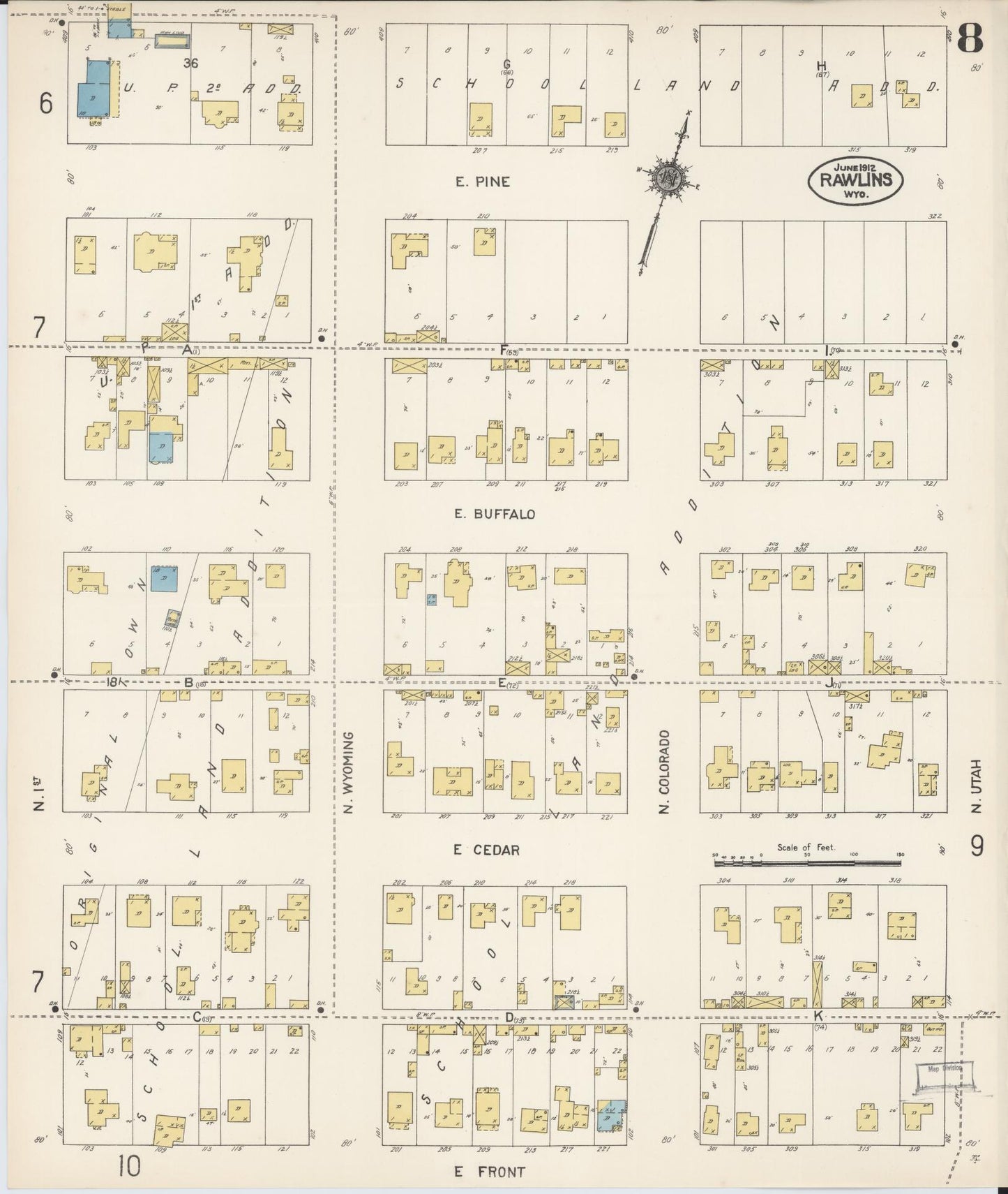 Sanborn Fire Insurance Map from Rawlins, Carbon County, Wyoming (1912), Sheet #0008 - Complete Map Set gallery image, historic Sanborn map, vintage wall art, Wyoming Wyoming