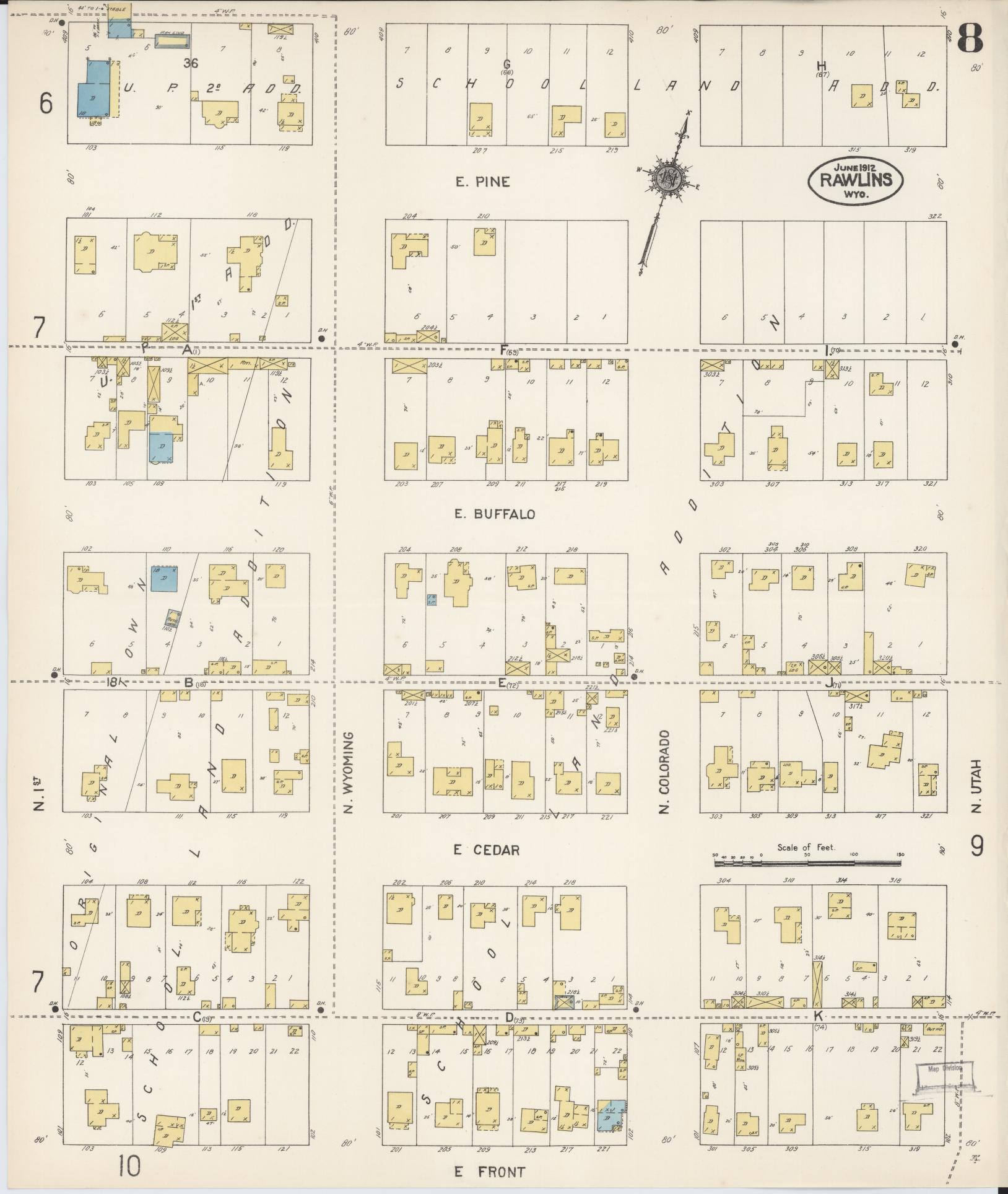 Sanborn Fire Insurance Map from Rawlins, Carbon County, Wyoming (1912), Sheet #0008 - Complete Map Set gallery image, historic Sanborn map, vintage wall art, Wyoming Wyoming