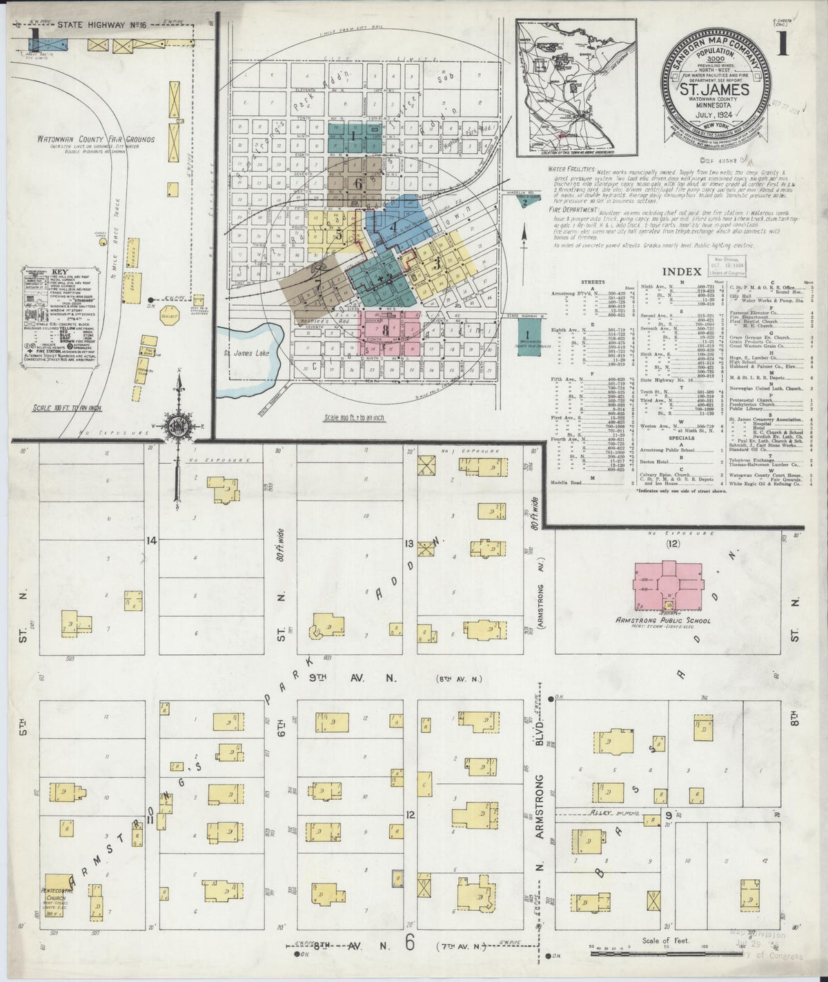 Sanborn Fire Insurance Map from Saint James, Watonwan County, Minnesota (1924), Sheet #0001 - Complete Map Set gallery image, historic Sanborn map, vintage wall art, Minnesota Minnesota