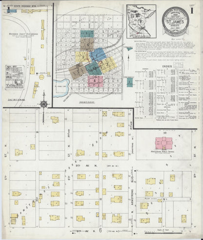 Sanborn Fire Insurance Map from Saint James, Watonwan County, Minnesota (1924), Sheet #0001 - Complete Map Set gallery image, historic Sanborn map, vintage wall art, Minnesota Minnesota