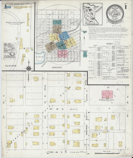 Sanborn Fire Insurance Map from Saint James, Watonwan County, Minnesota (1924), Sheet #0001 - Complete Map Set gallery image, historic Sanborn map, vintage wall art, Minnesota Minnesota