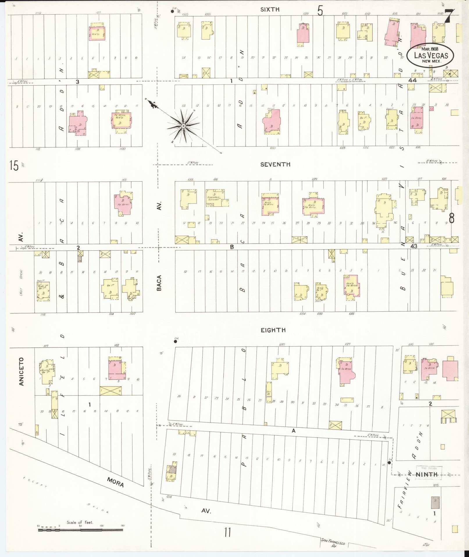 Sanborn Fire Insurance Map from Las Vegas, San Miguel County, New Mexico (1908), Sheet #0007 - Complete Map Set gallery image, historic Sanborn map, vintage wall art, New Mexico New Mexico