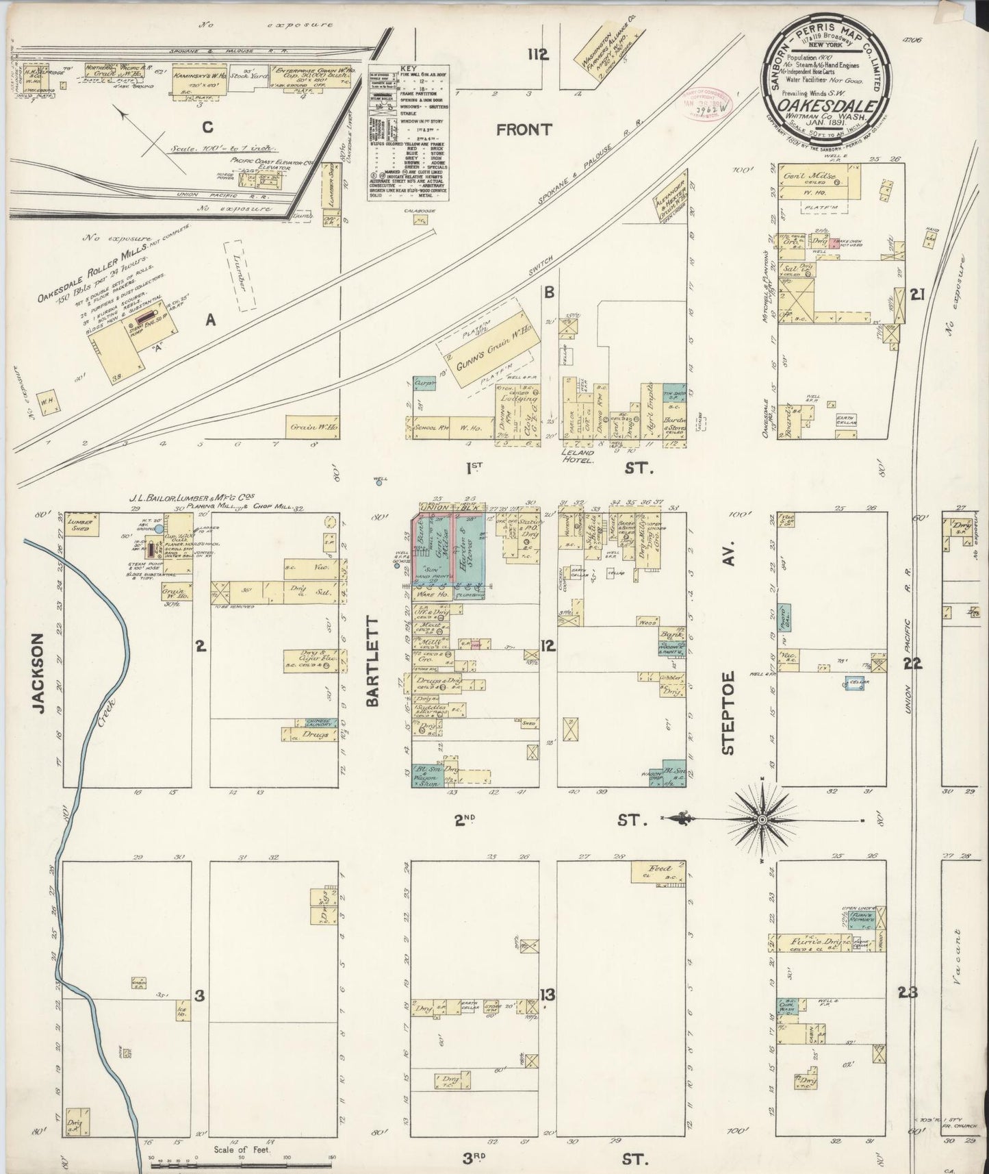Sanborn Fire Insurance Map from Oakesdale, Whitman County, Washington (1891), Sheet #0001 - Historic Sanborn Fire Insurance Map Print, vintage old map wall art, antique decor, genealogy gift, Washington Washington map