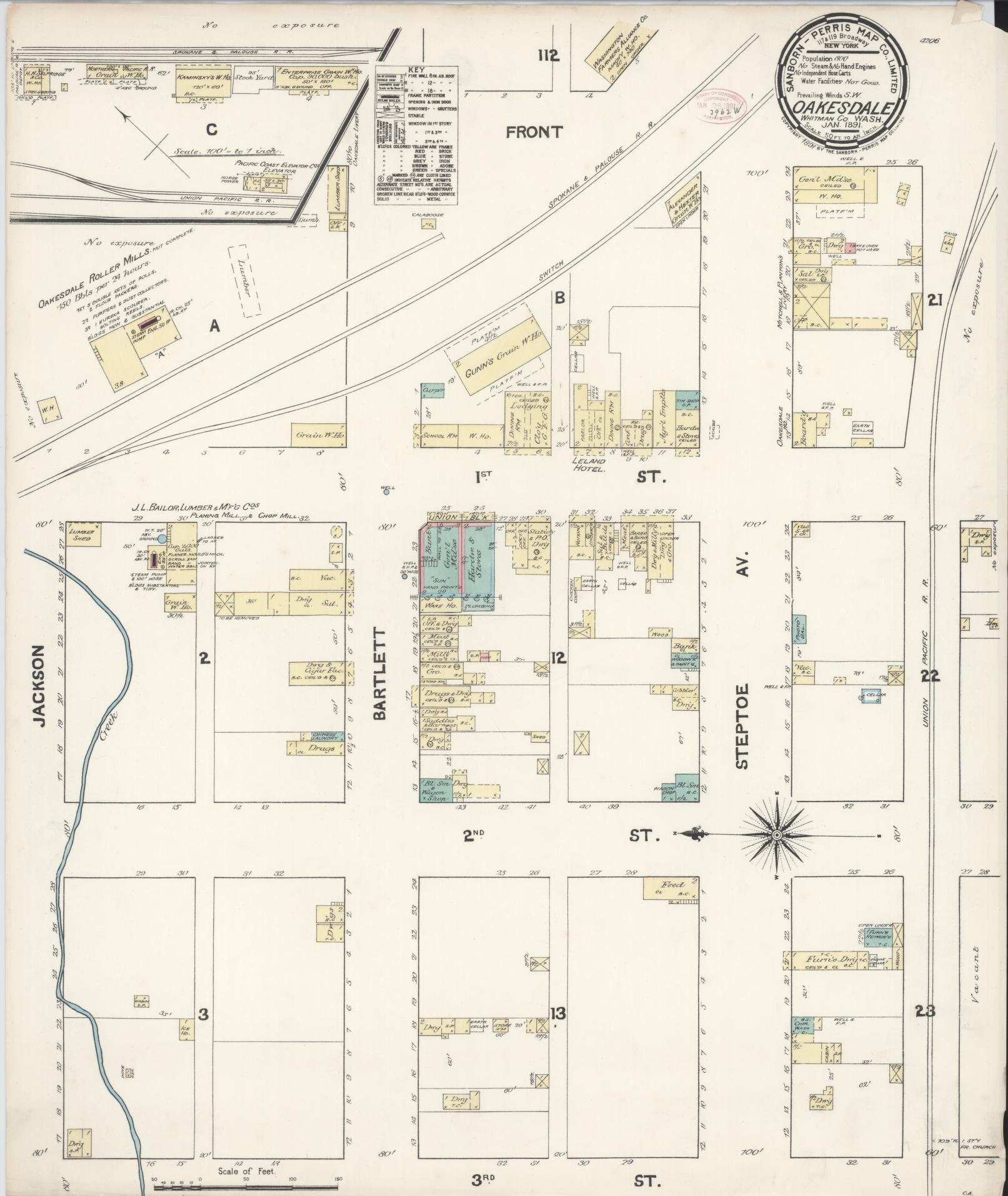 Sanborn Fire Insurance Map from Oakesdale, Whitman County, Washington (1891), Sheet #0001 - Historic Sanborn Fire Insurance Map Print, vintage old map wall art, antique decor, genealogy gift, Washington Washington map