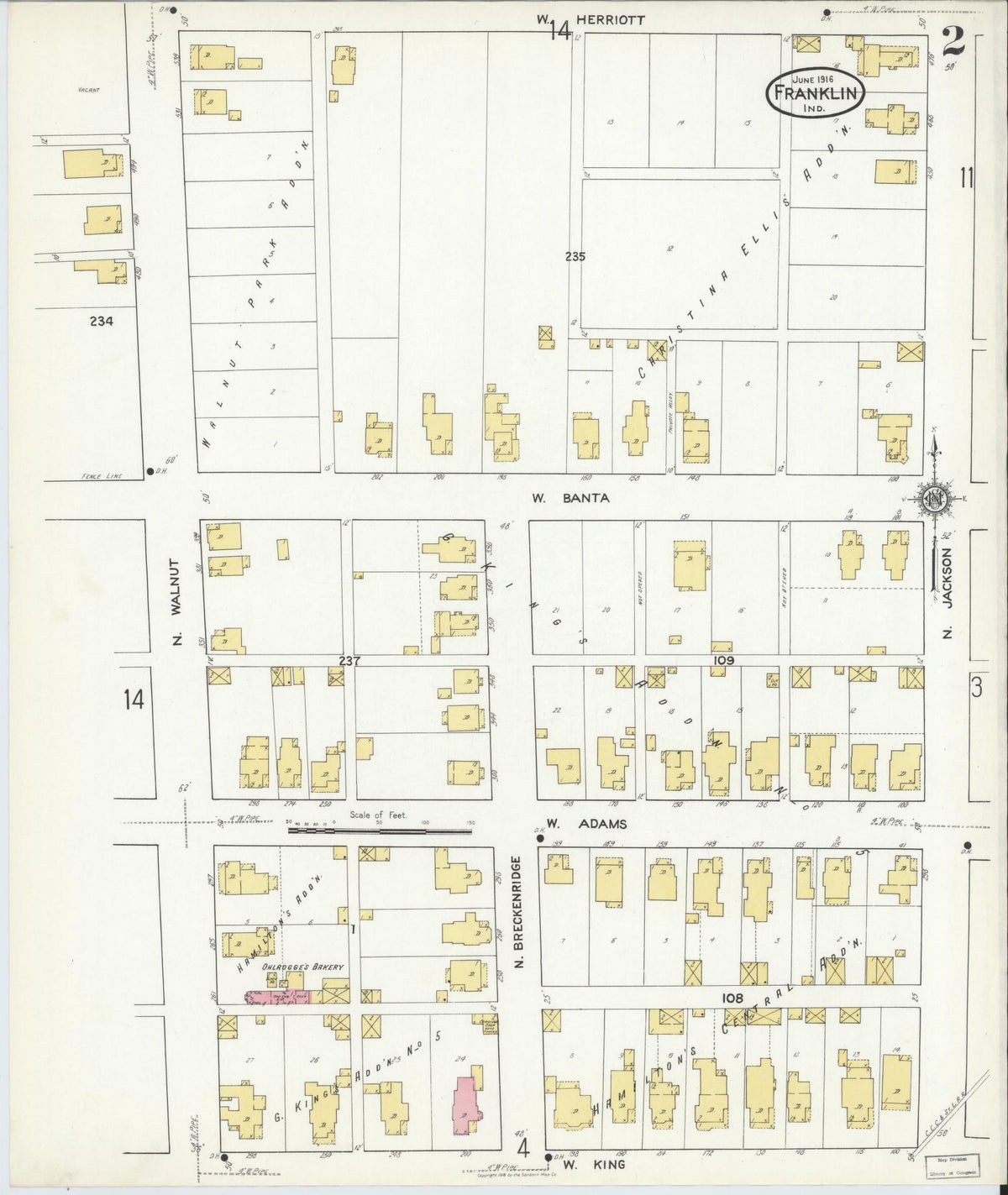 Sanborn Fire Insurance Map from Franklin, Johnson County, Indiana (1916), Sheet #0002 - Historic Sanborn Fire Insurance Map Print, vintage old map wall art, antique decor, genealogy gift, Indiana Indiana map