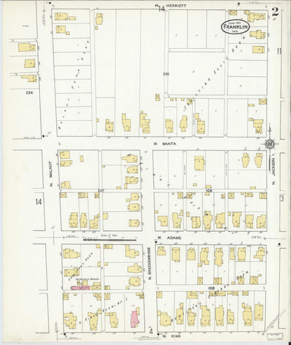 Sanborn Fire Insurance Map from Franklin, Johnson County, Indiana (1916), Sheet #0002 - Historic Sanborn Fire Insurance Map Print, vintage old map wall art, antique decor, genealogy gift, Indiana Indiana map