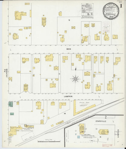 Sanborn Fire Insurance Map from Starkville, Oktibbeha County, Mississippi (1900), Sheet #0001 - Complete Map Set gallery image, historic Sanborn map, vintage wall art, Mississippi Mississippi