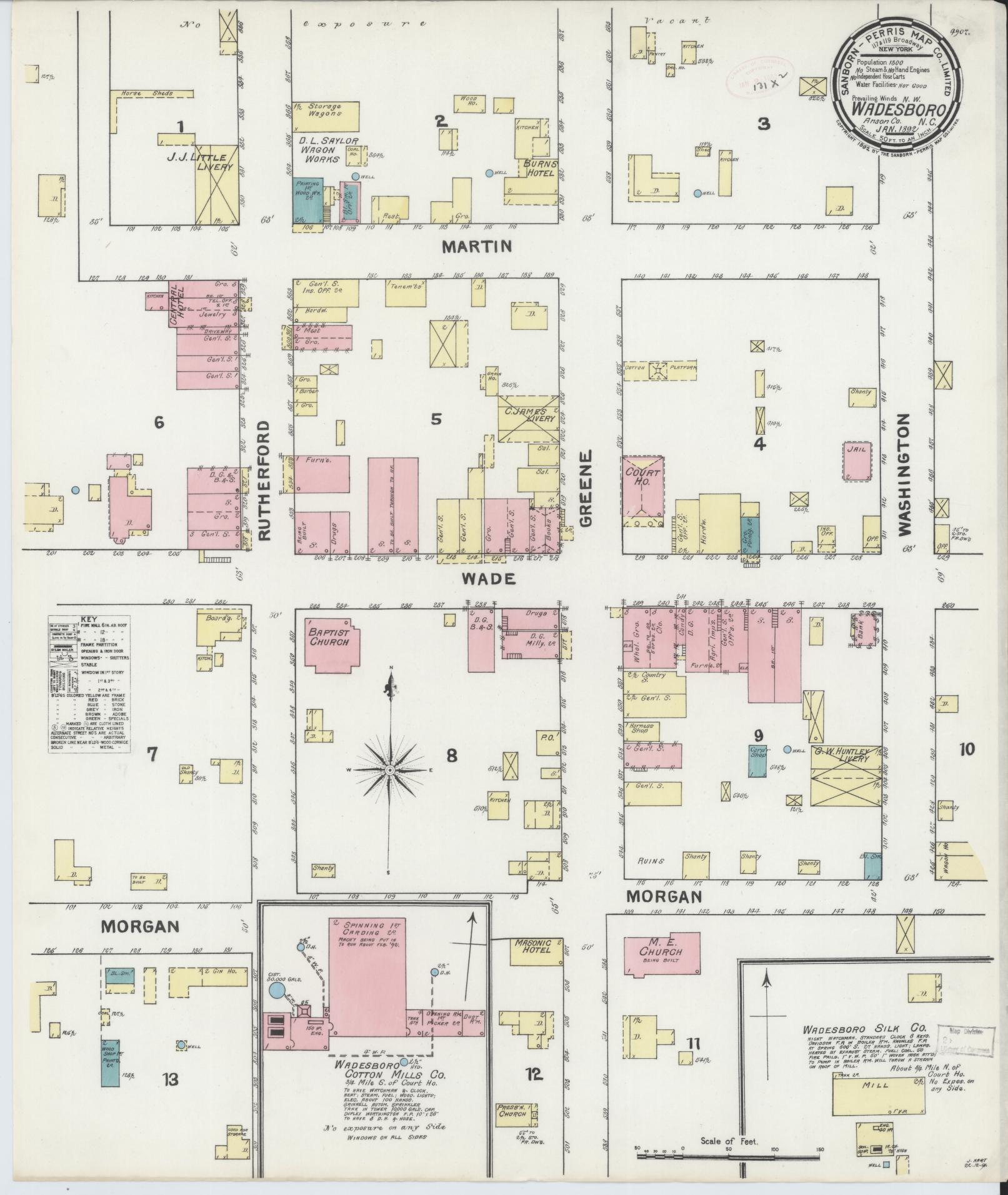 Sanborn Fire Insurance Map from Wadesboro, Anson County, North Carolina (1892), Sheet #0001 - Historic Sanborn Fire Insurance Map Print, vintage old map wall art, antique decor, genealogy gift, North Carolina North Carolina map