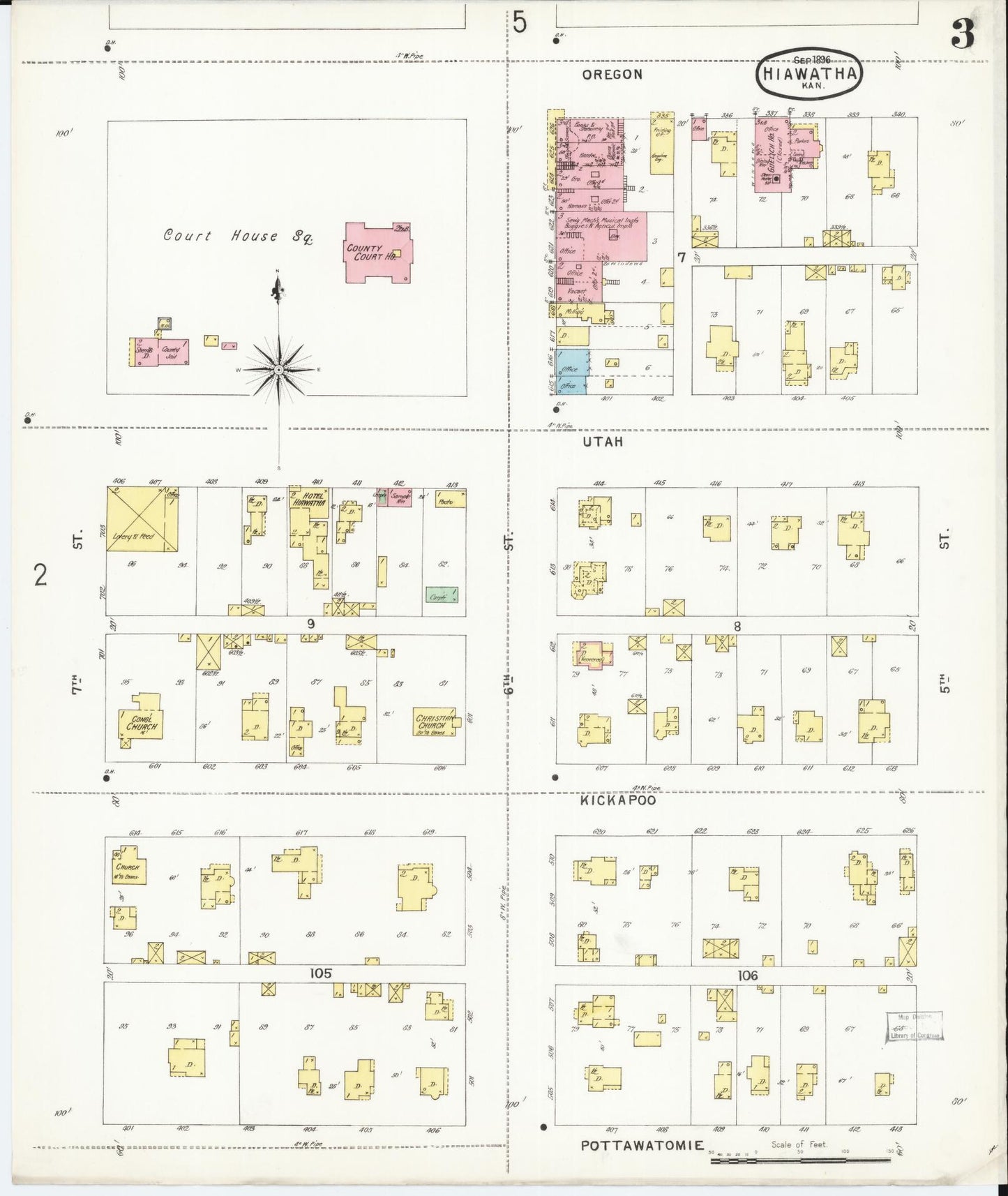 Sanborn Fire Insurance Map from Hiawatha, Brown County, Kansas (1896), Sheet #0003 - Historic Sanborn Fire Insurance Map Print, vintage old map wall art, antique decor, genealogy gift, Kansas Kansas map