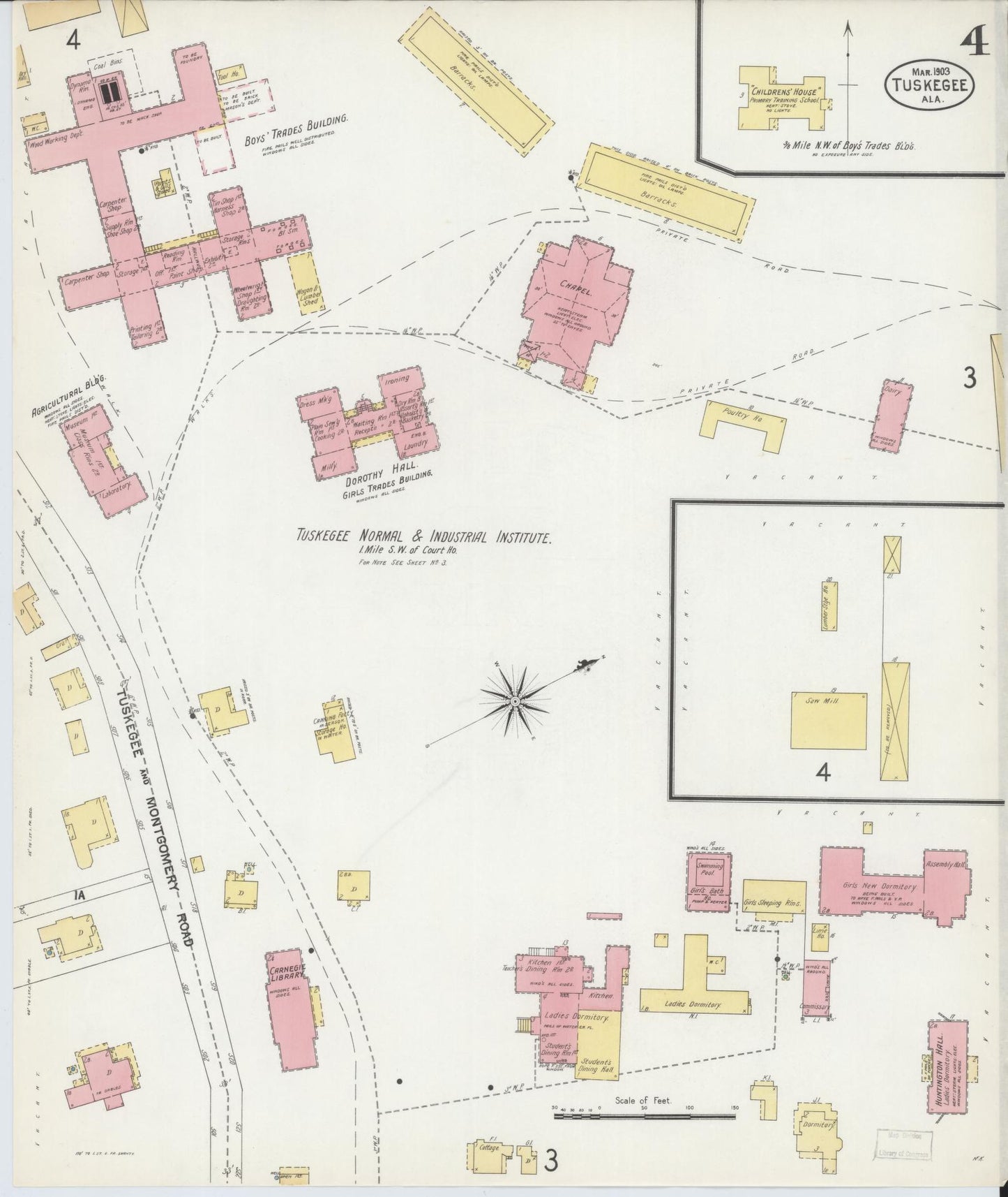 Sanborn Fire Insurance Map from Tuskegee, Macon County, Alabama (1903), Sheet #0004 - Historic Sanborn Fire Insurance Map Print, vintage old map wall art, antique decor, genealogy gift, Alabama Alabama map