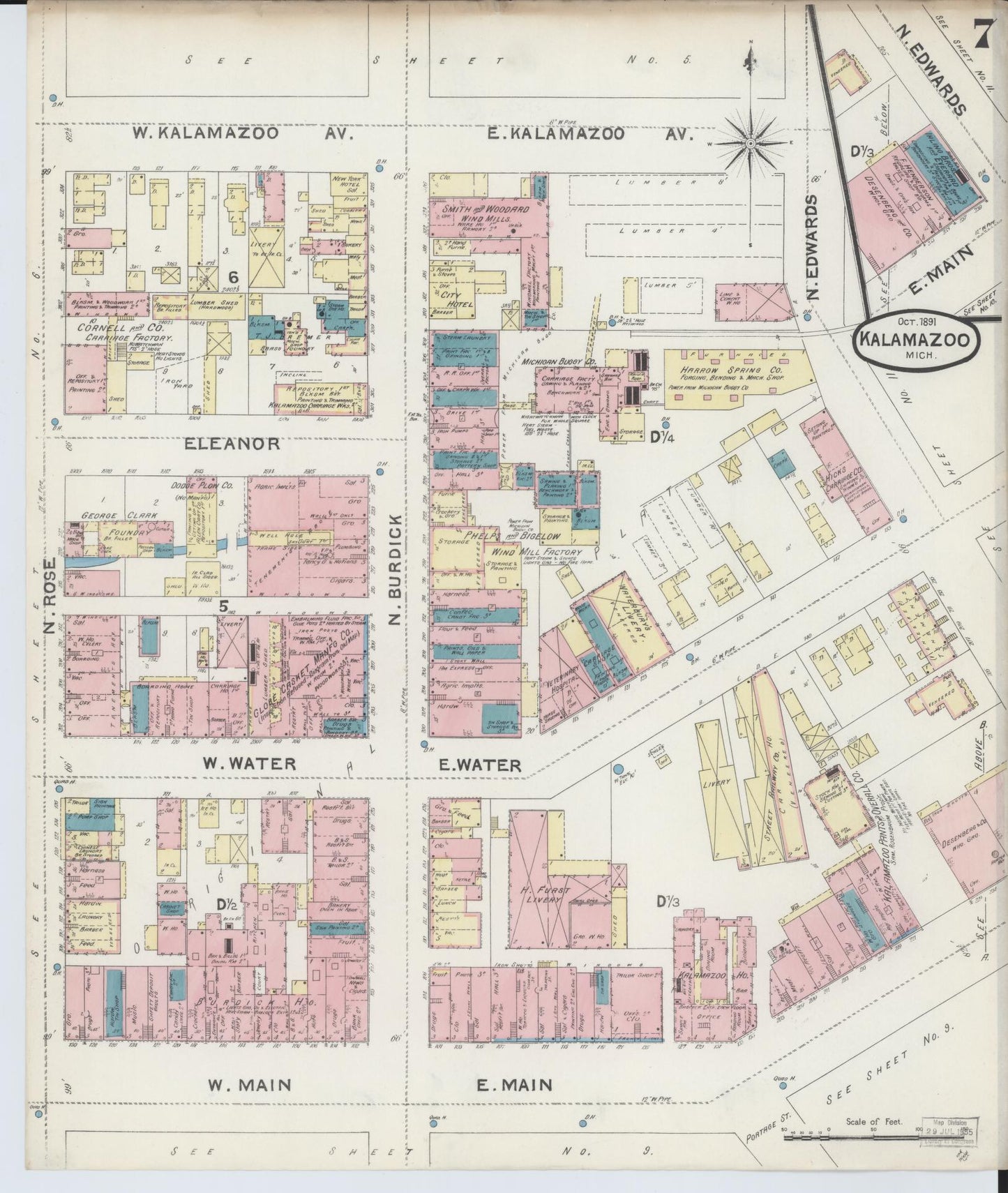 Sanborn Fire Insurance Map from Kalamazoo, Kalamazoo County, Michigan (1891), Sheet #0007 - Complete Map Set gallery image, historic Sanborn map, vintage wall art, Michigan Michigan