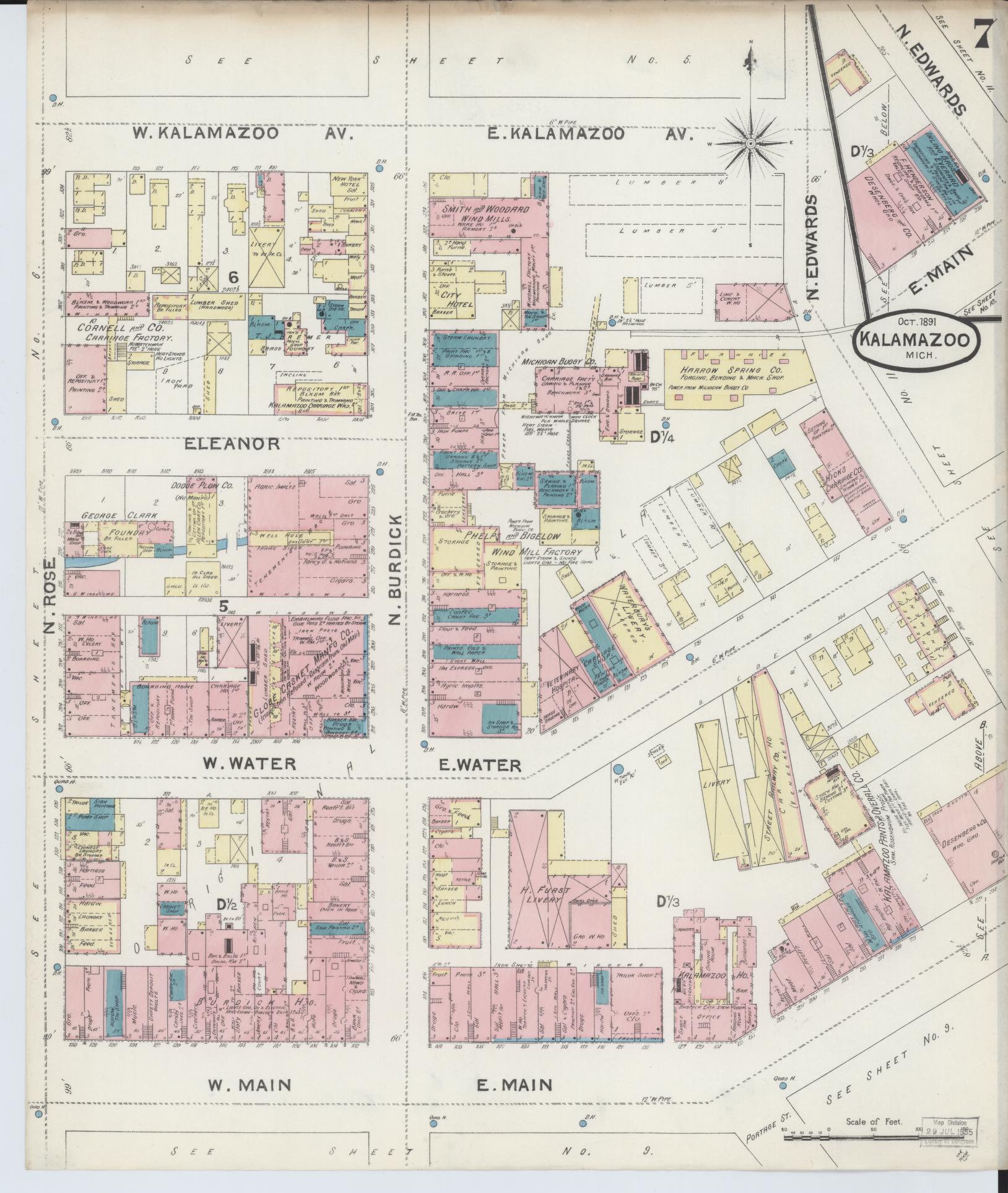 Sanborn Fire Insurance Map from Kalamazoo, Kalamazoo County, Michigan (1891), Sheet #0007 - Complete Map Set gallery image, historic Sanborn map, vintage wall art, Michigan Michigan