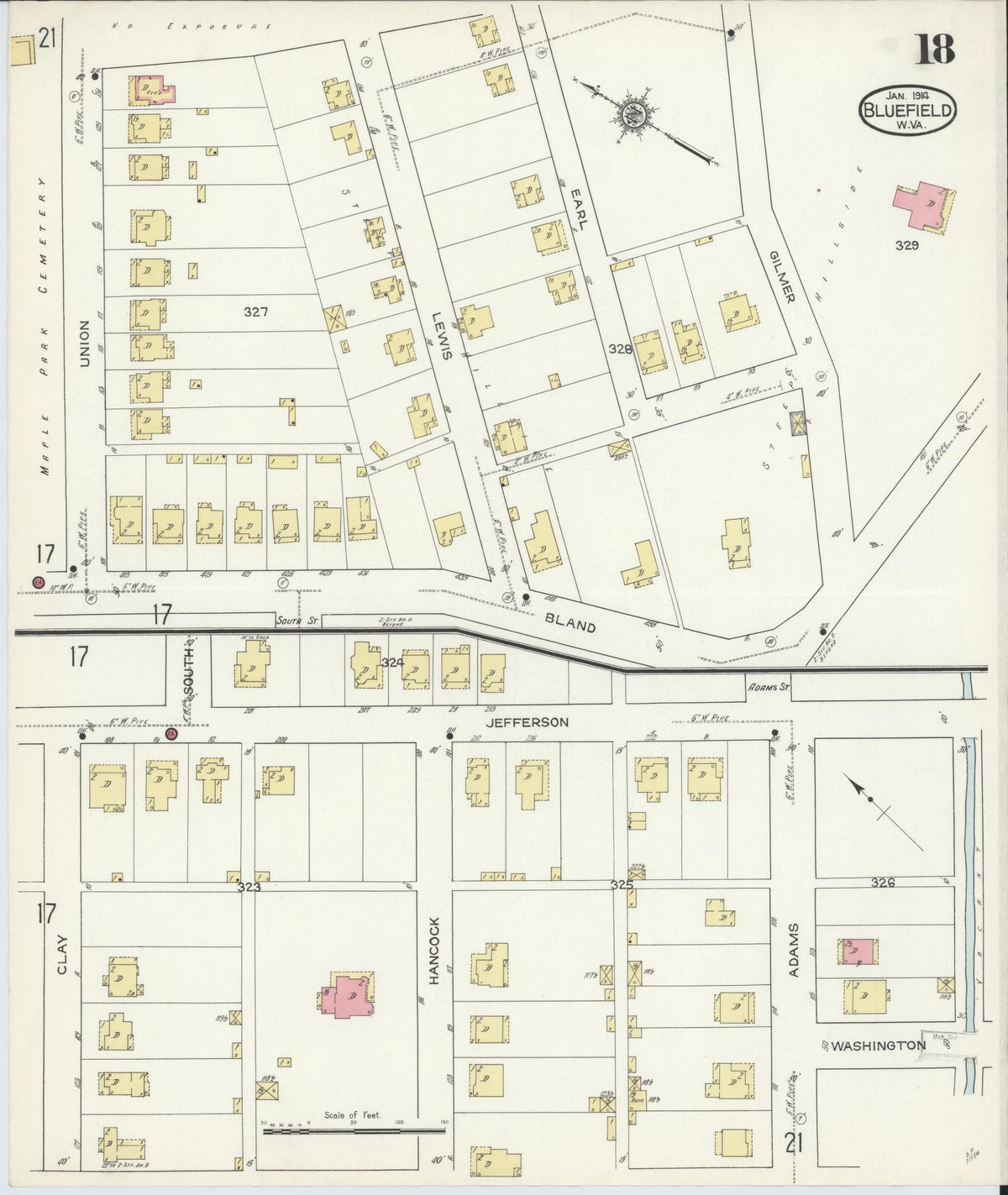 Sanborn Fire Insurance Map from Bluefield, Mercer County, West Virginia (1914), Sheet #0018 - Historic Sanborn Fire Insurance Map Print, vintage old map wall art, antique decor, genealogy gift, West Virginia West Virginia map