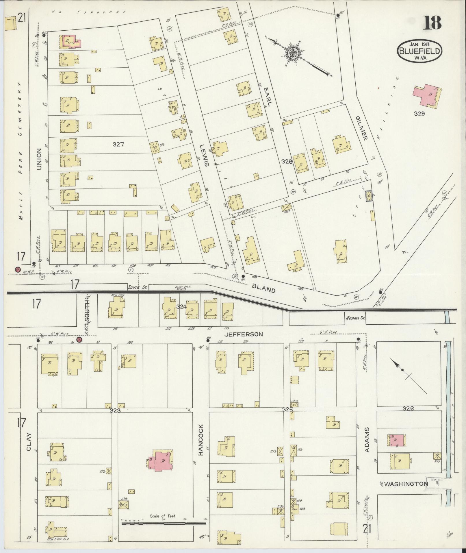 Sanborn Fire Insurance Map from Bluefield, Mercer County, West Virginia (1914), Sheet #0018 - Historic Sanborn Fire Insurance Map Print, vintage old map wall art, antique decor, genealogy gift, West Virginia West Virginia map